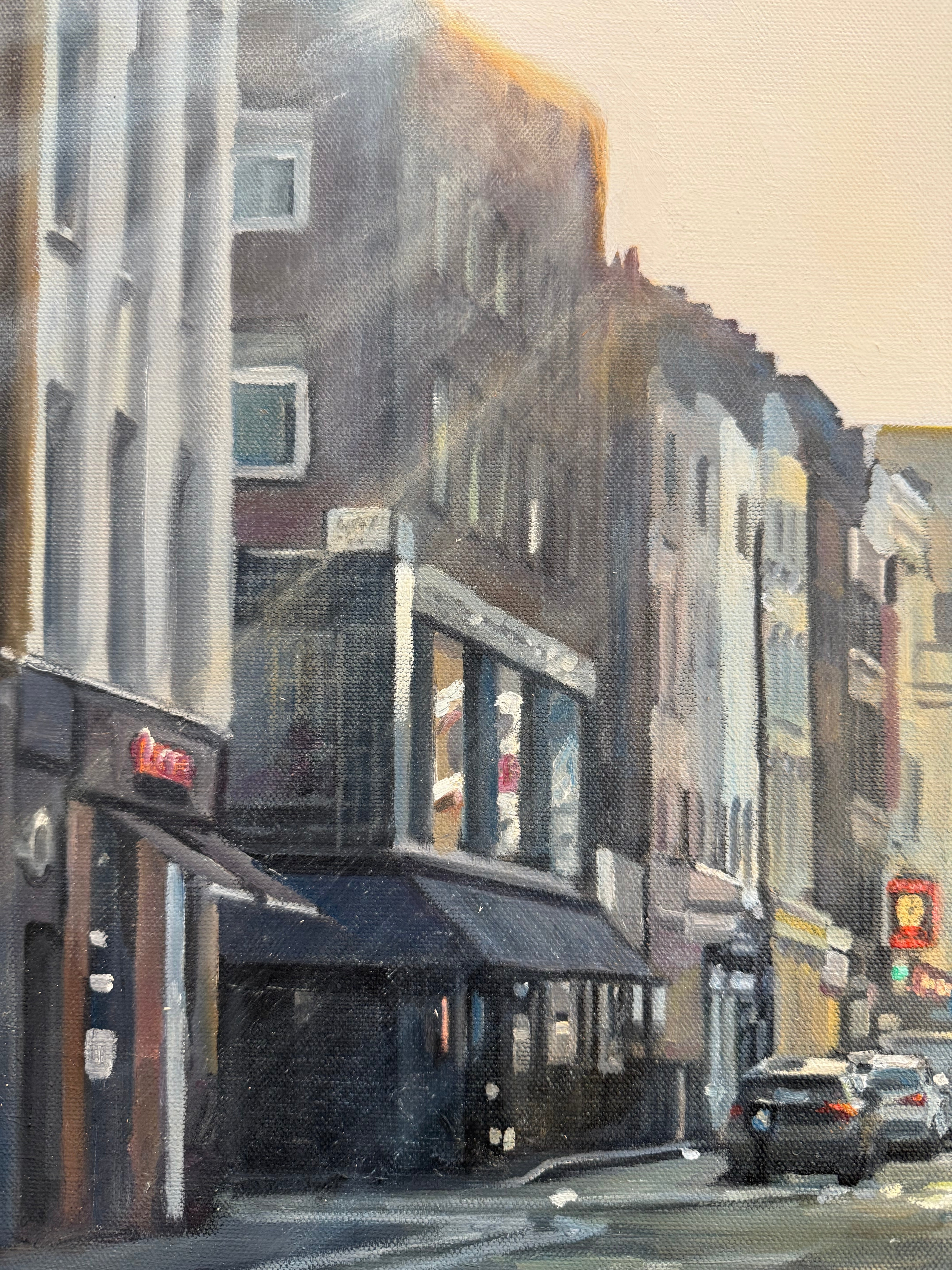 Detail section of oil painting of city street in London with cars and shops