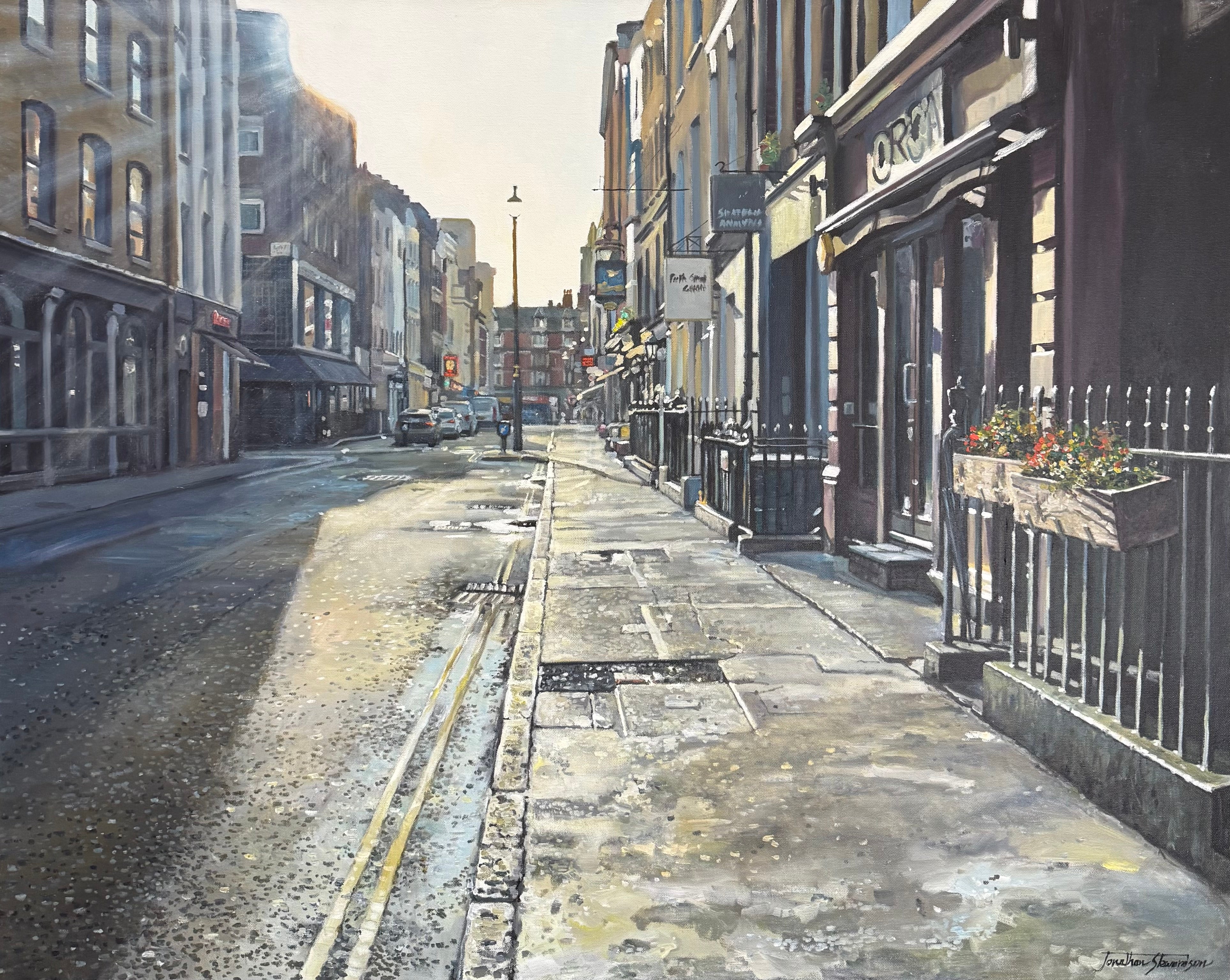 London Soho city street painting early morning sunlight original oil painting