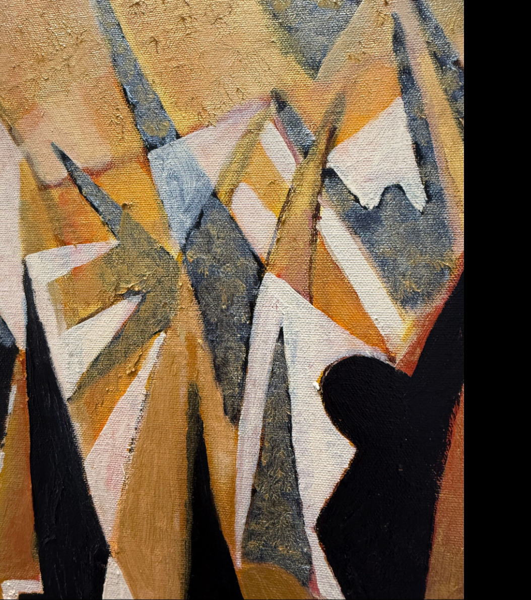 Close up of Abstract art with geometric shapes in yellow black gold and whites