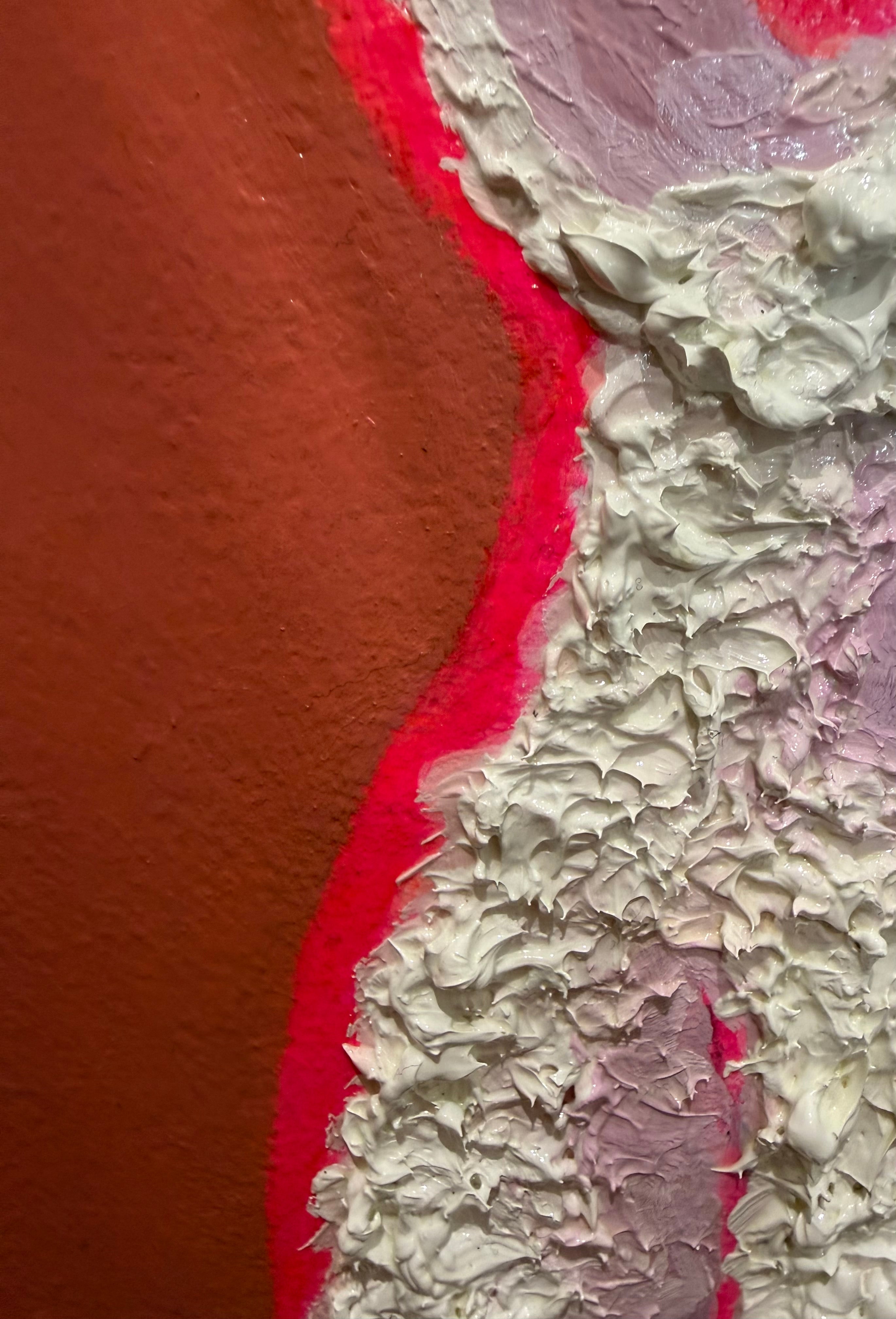 Close-up of a textured original with red, beige, and purple colors.
