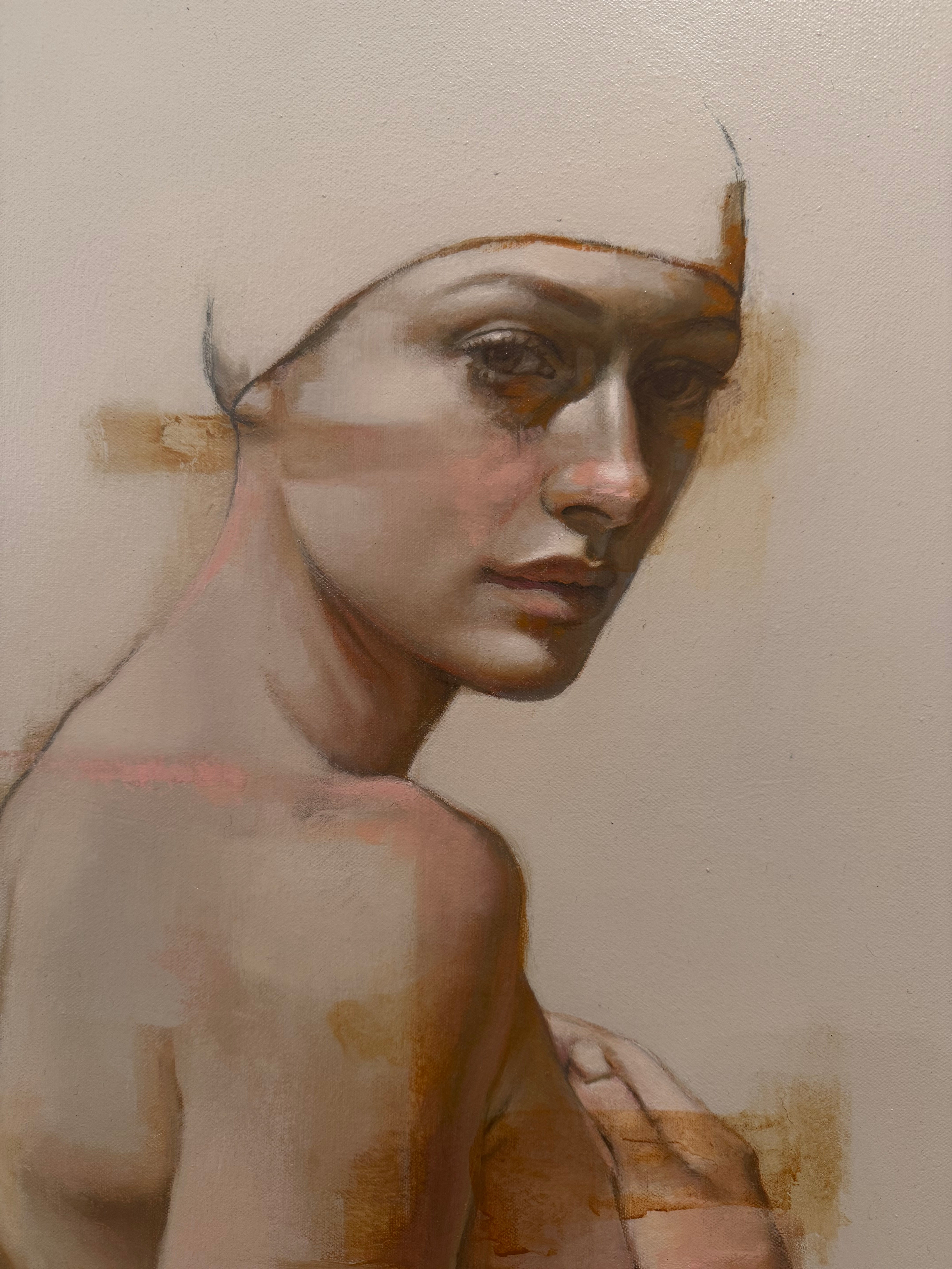 Close up of Artistic depiction of a person with a neutral expression on a plain background