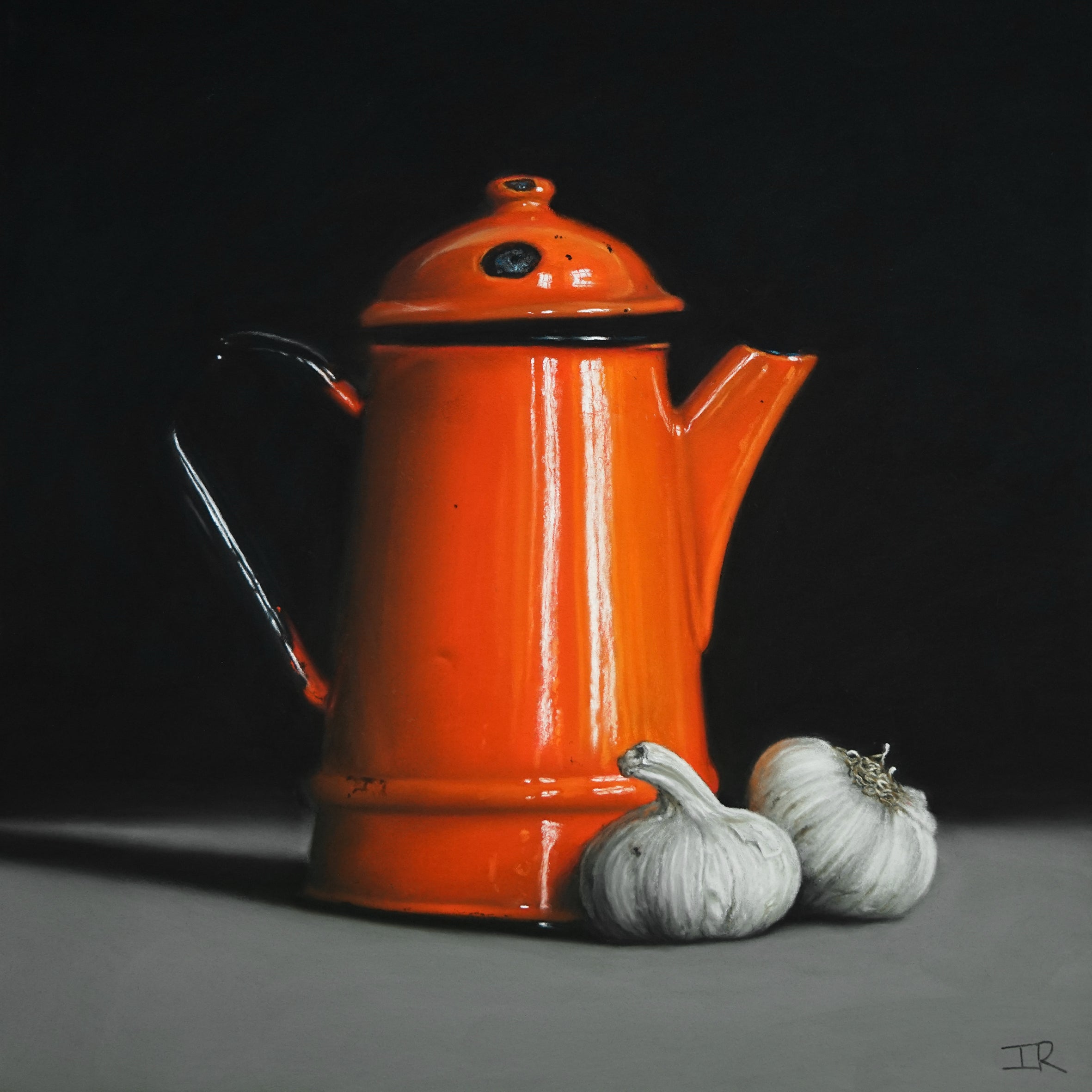 pastel drawing of Orange teapot with two white pumpkins on a dark background