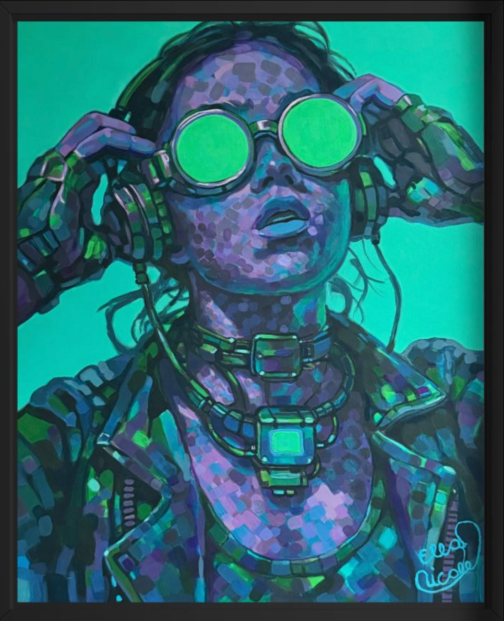 Artistic depiction of a person wearing futuristic goggles and cybernetic enhancements against a teal background.