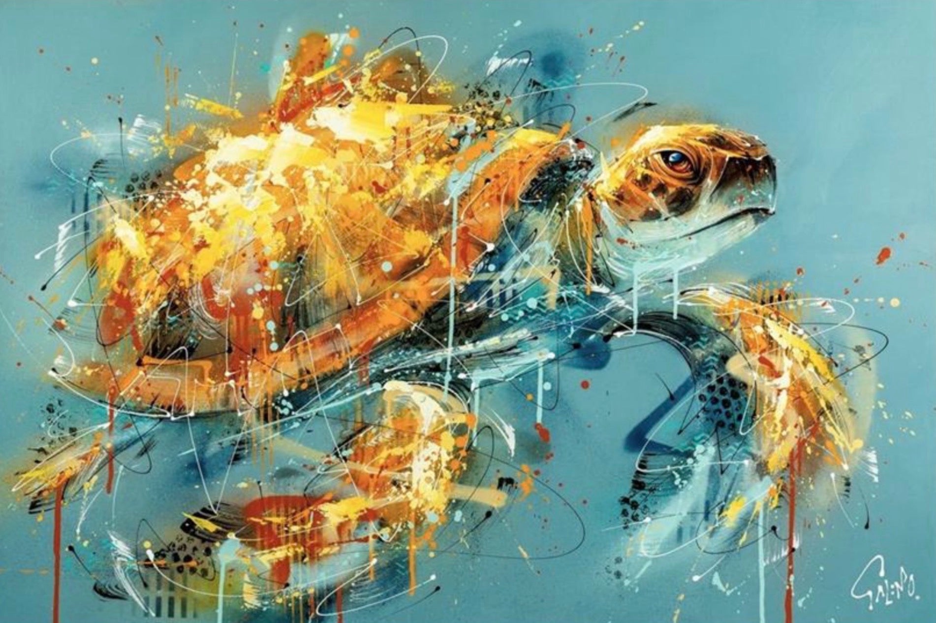 Abstract painting of a turtle with vibrant colors on a blue background