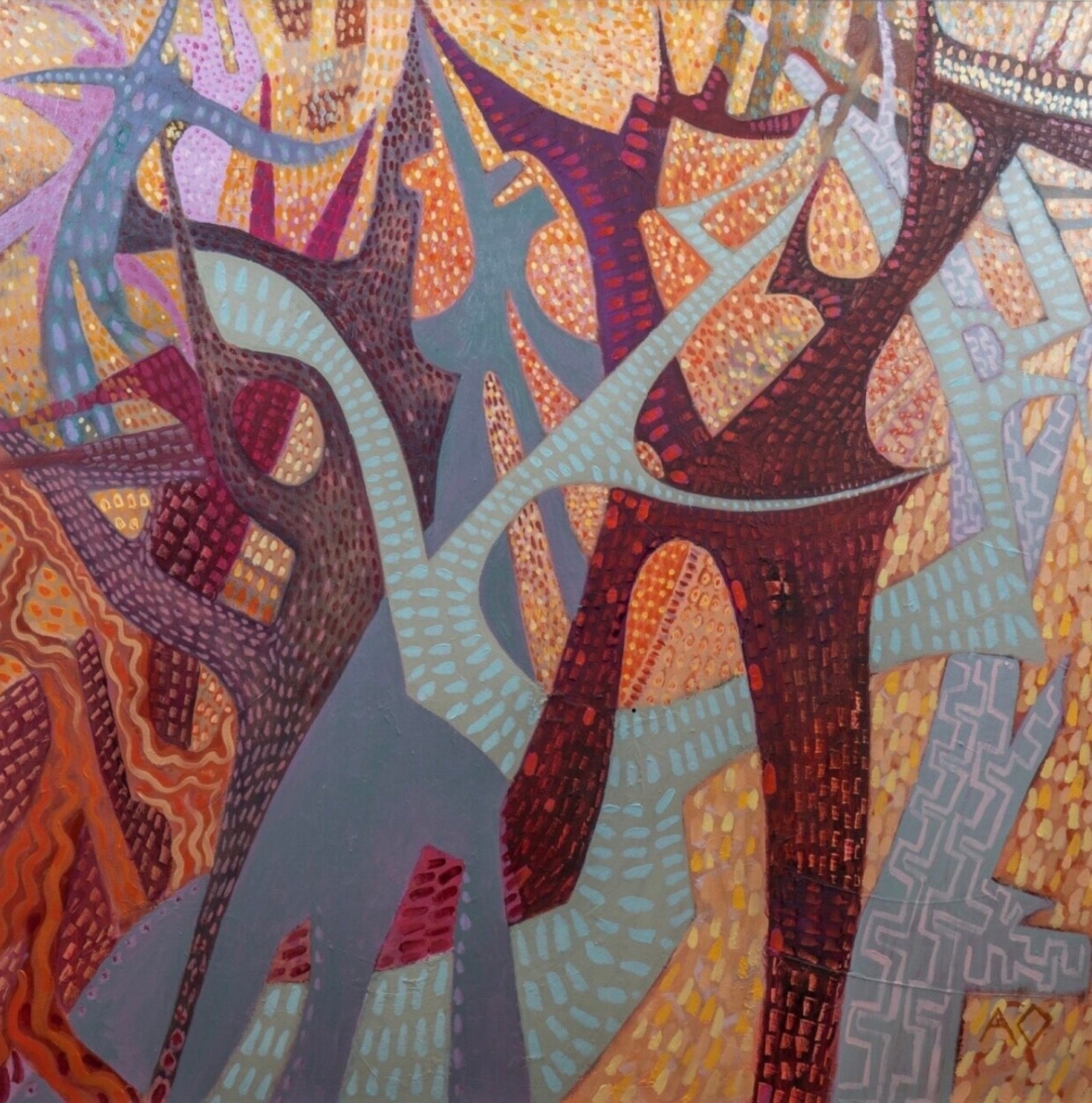 Abstract artwork with interlocking shapes in earthy tones