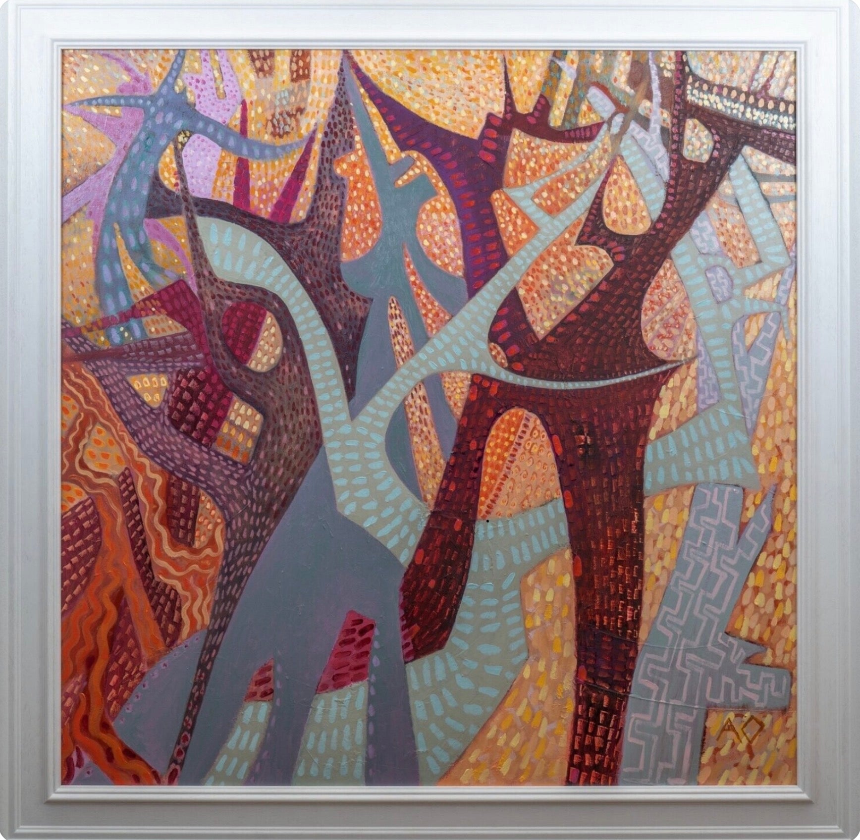 Abstract Painting with Oranges, pinks light blues with geometrical shapes framed