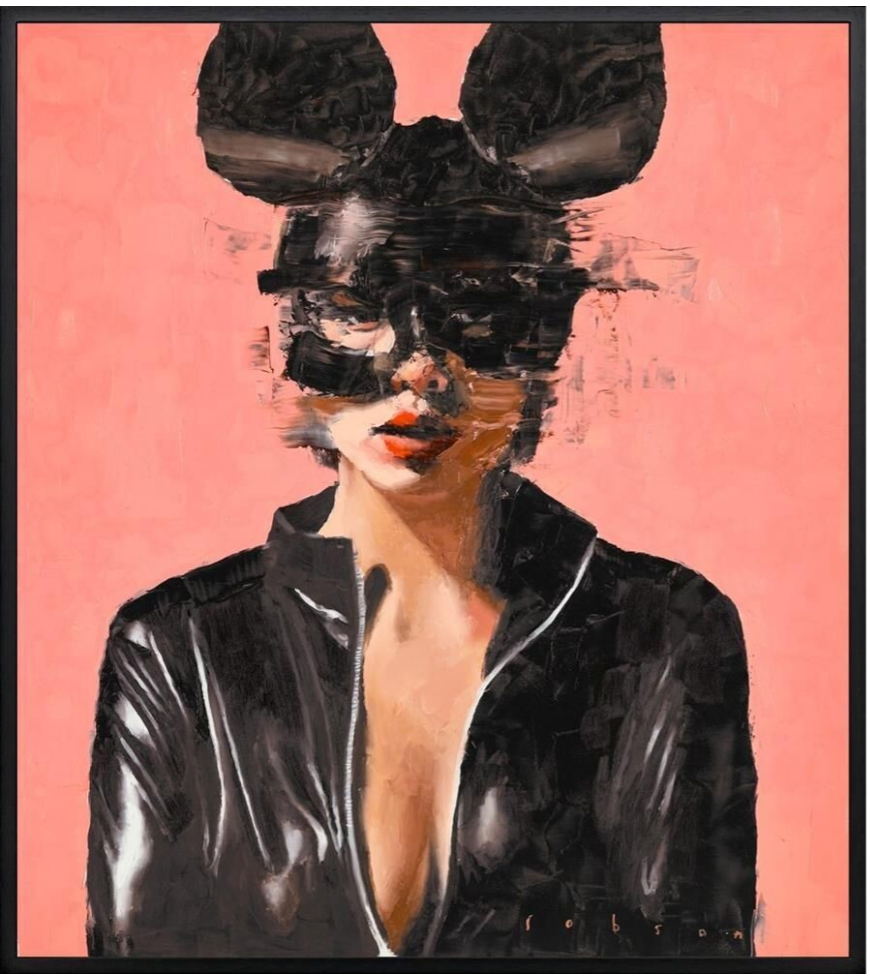 Artistic depiction of a person wearing a black leather outfit and rabbit ears against a pink background