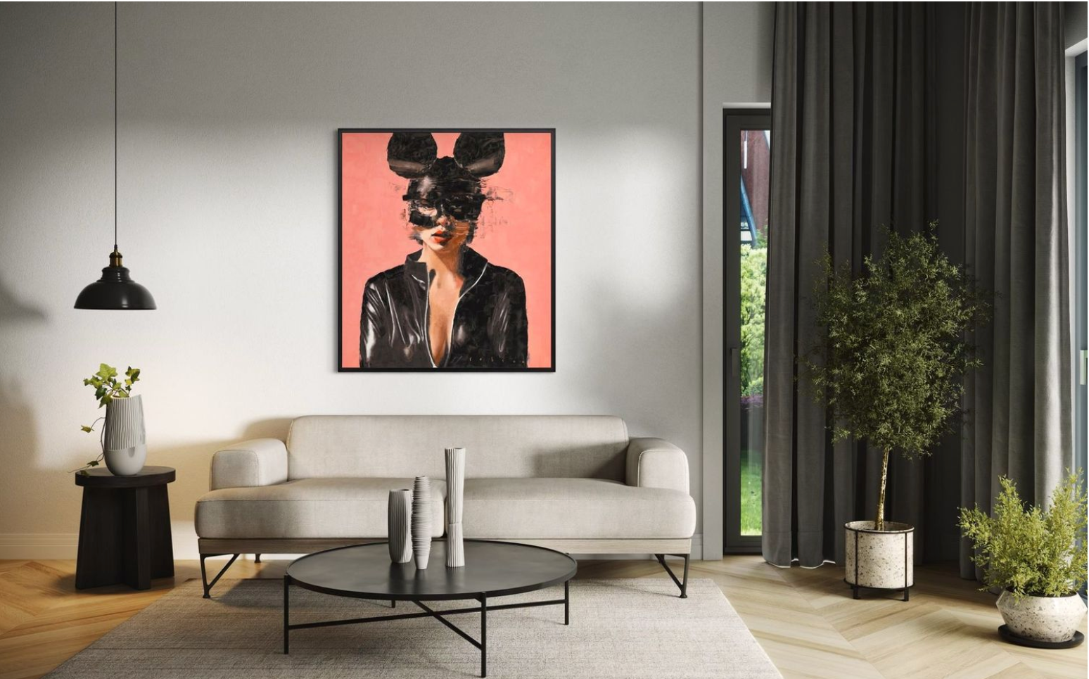 Modern living room with a gray sofa, round coffee table, and Brad Robson Darker shade of pale hanging central