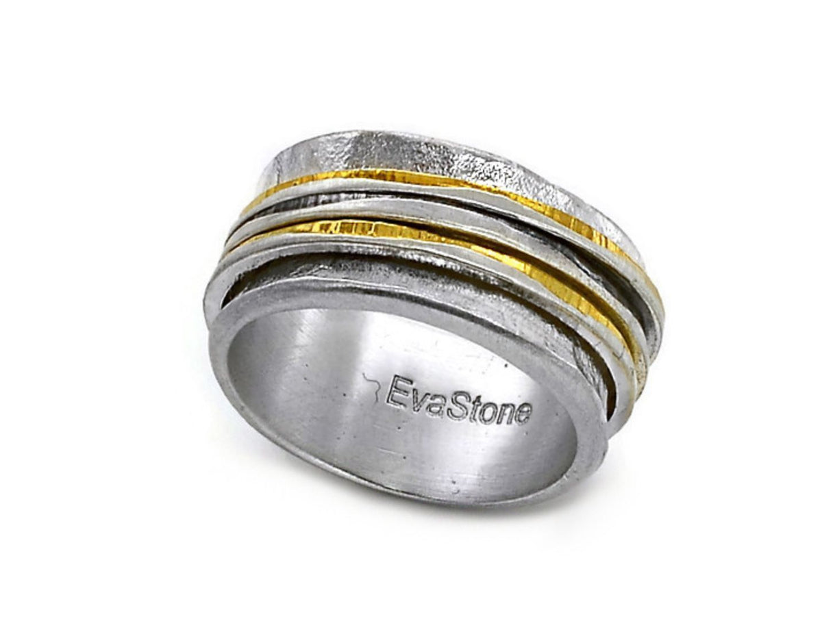 Silver and gold ring with 'EvaStone' branding on a white background
