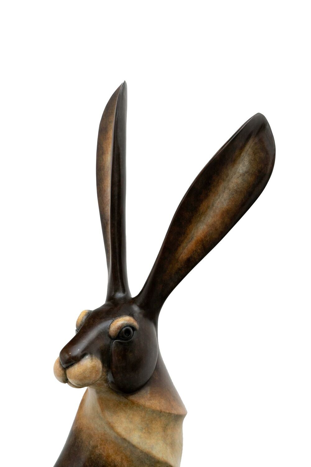 Bronze hare sculpture on a white background