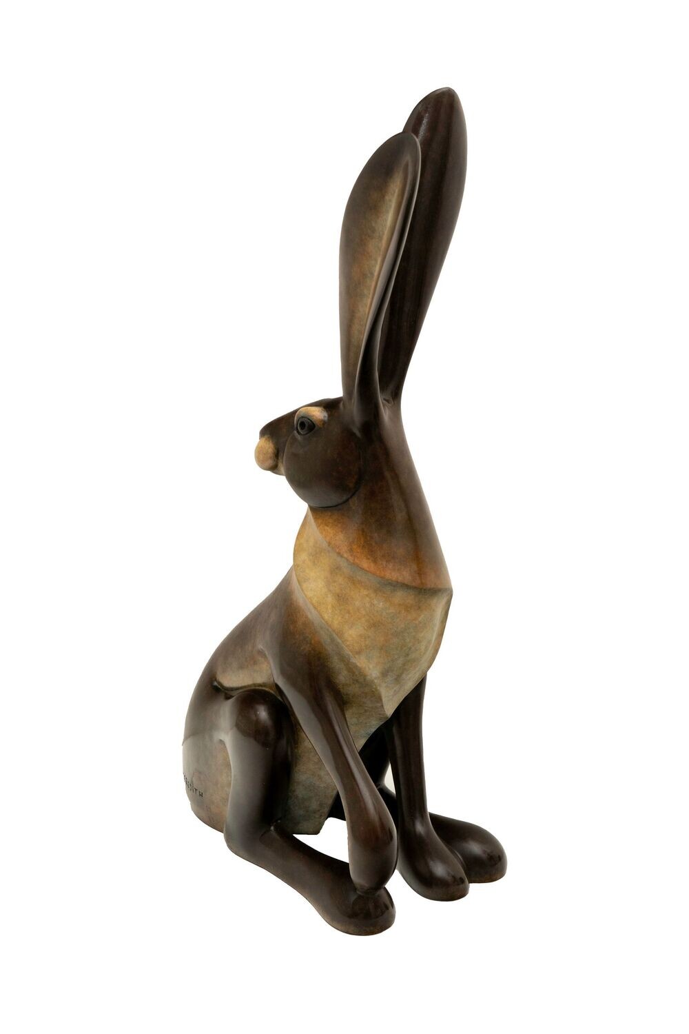 Bronze sculpture of a rabbit on a white background