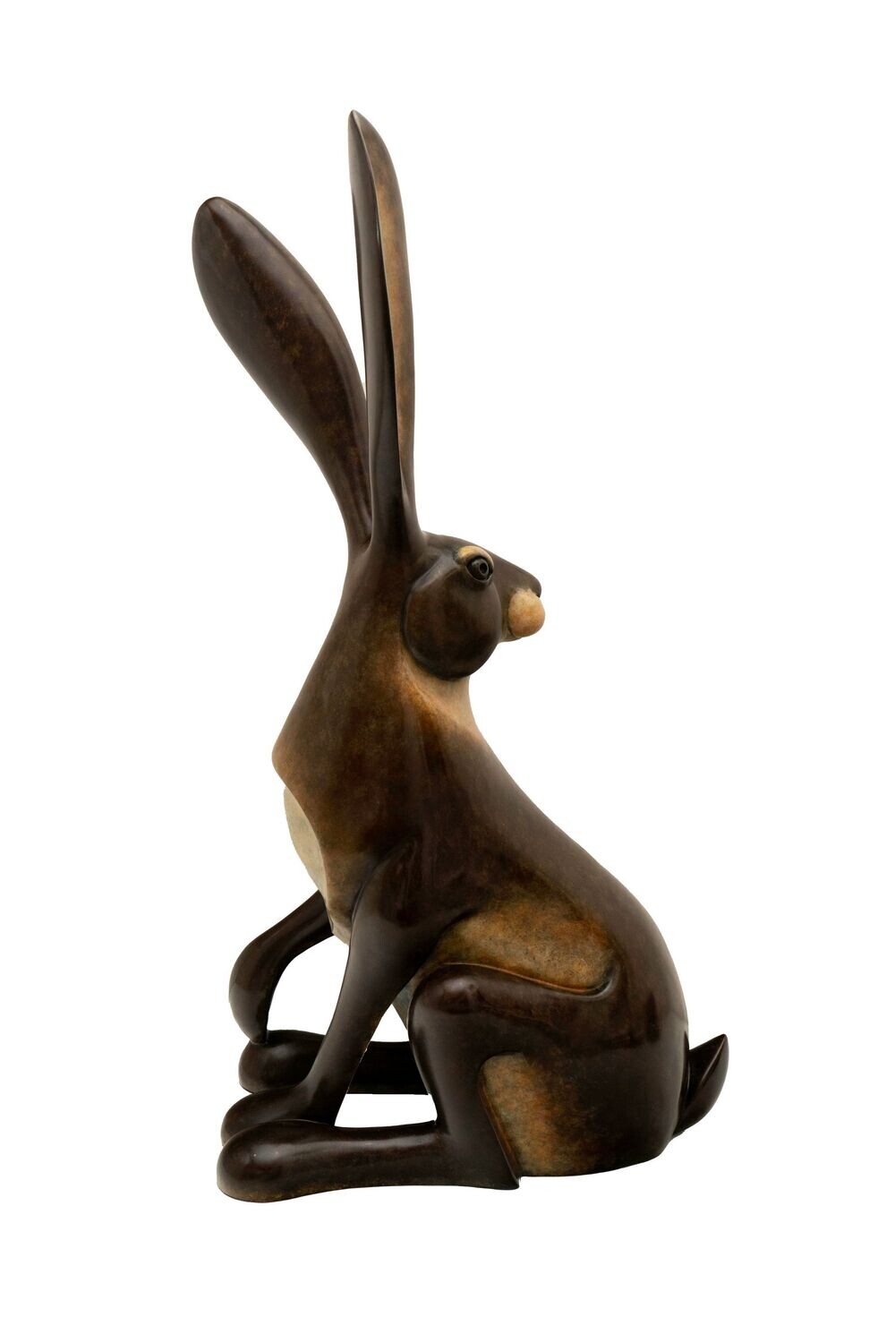 Bronze sculpture of a rabbit on a white background