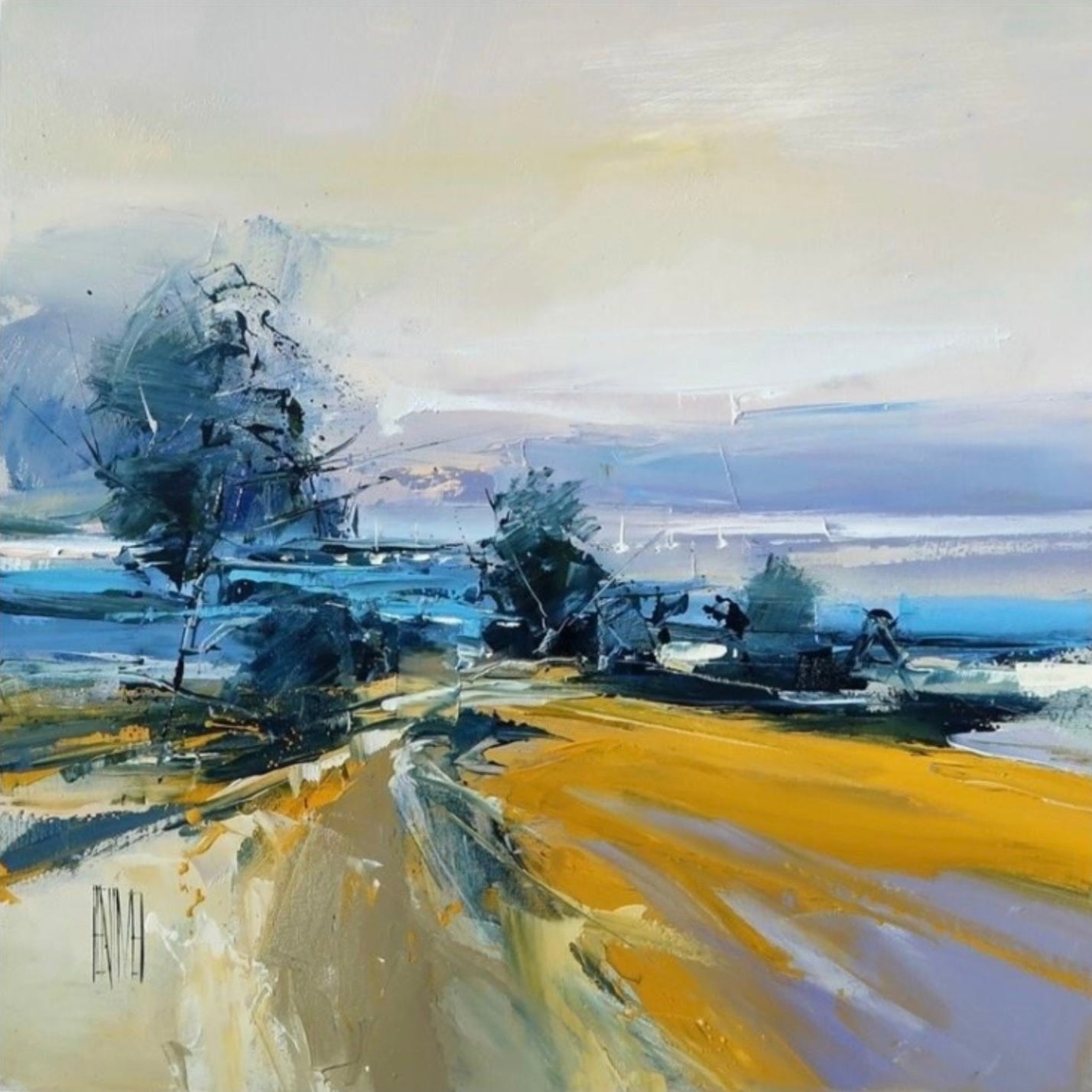 Abstract landscape painting with a road and trees
