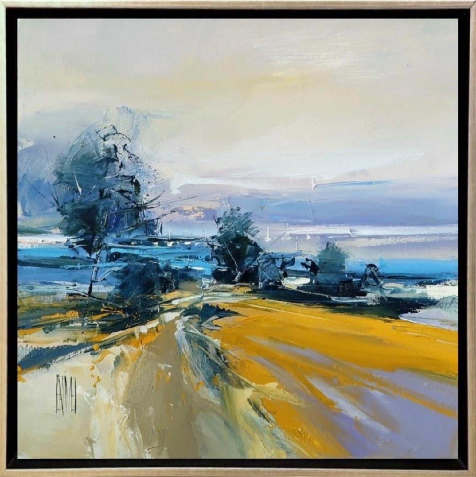 Abstract landscape painting with a road and trees, framed in black.