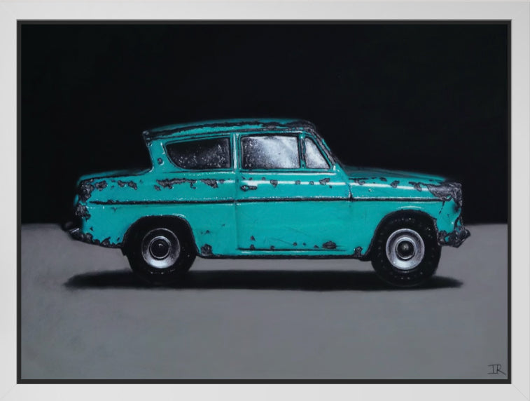 Teal vintage car pastel drawing on a gray background in white frame