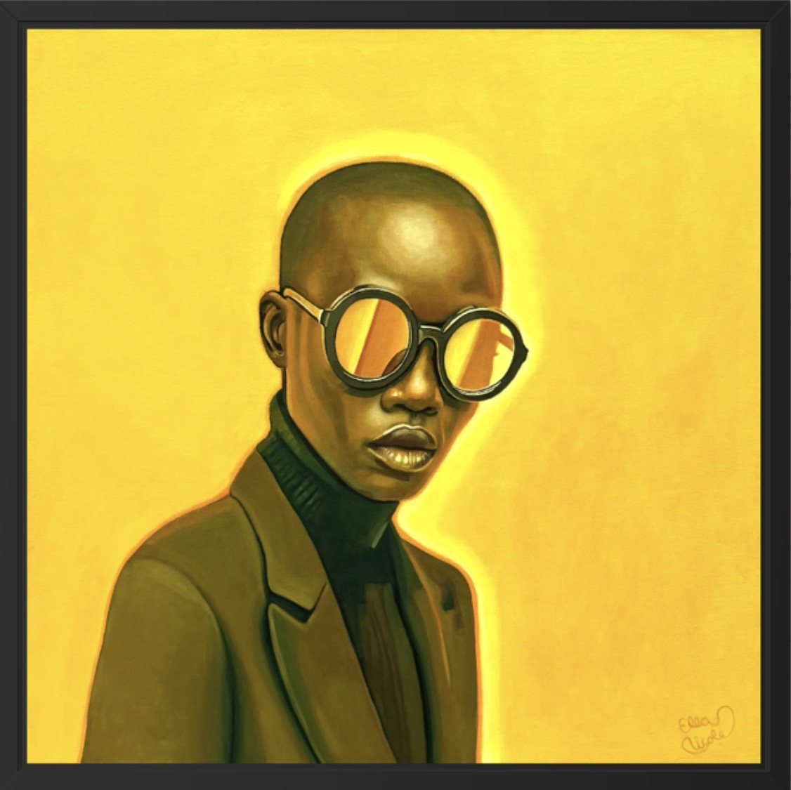 Artistic portrait of a person wearing glasses on a yellow background