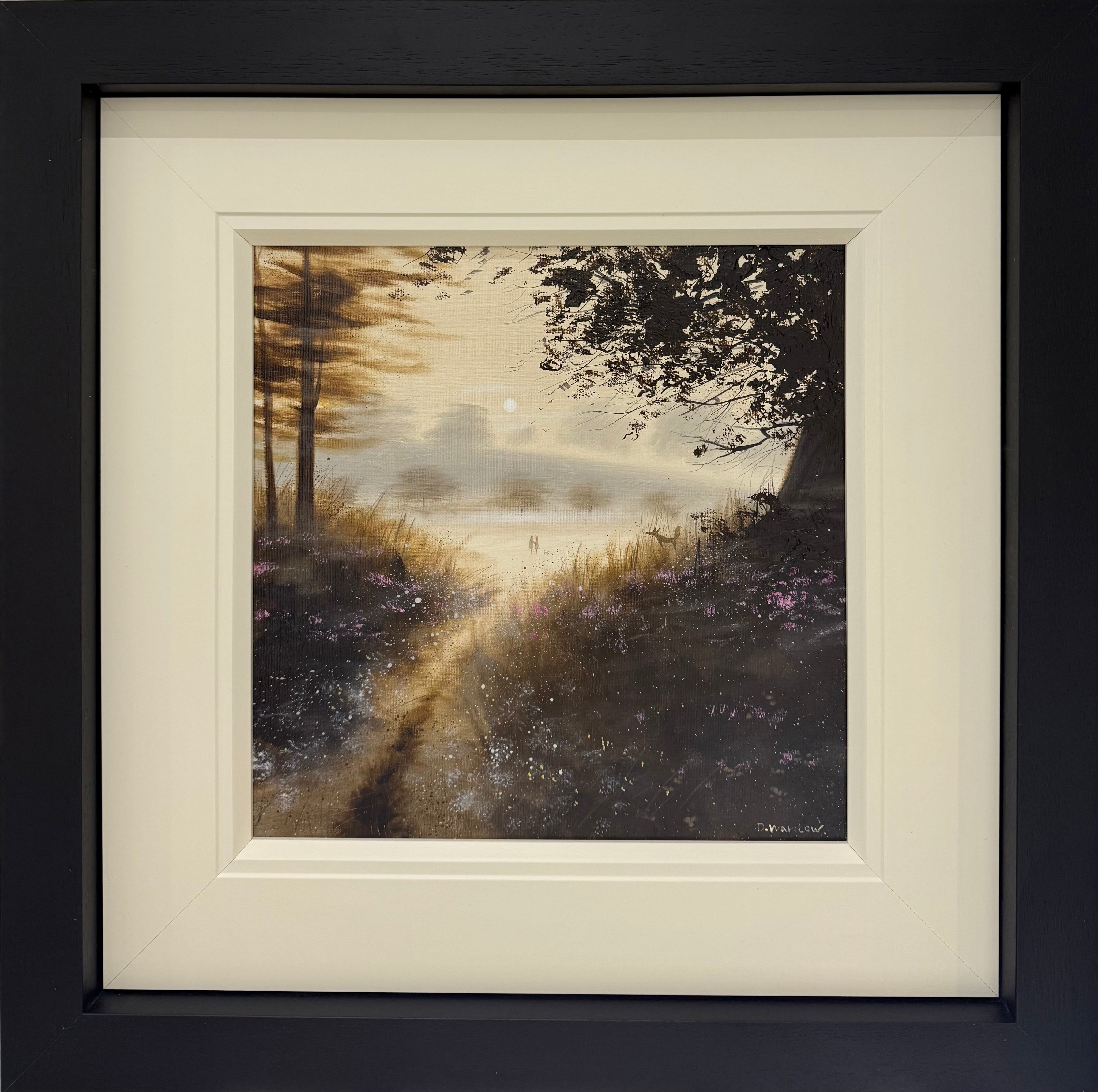 artist depiction of a monochrome landscape with light pink speckles in a black and white frame