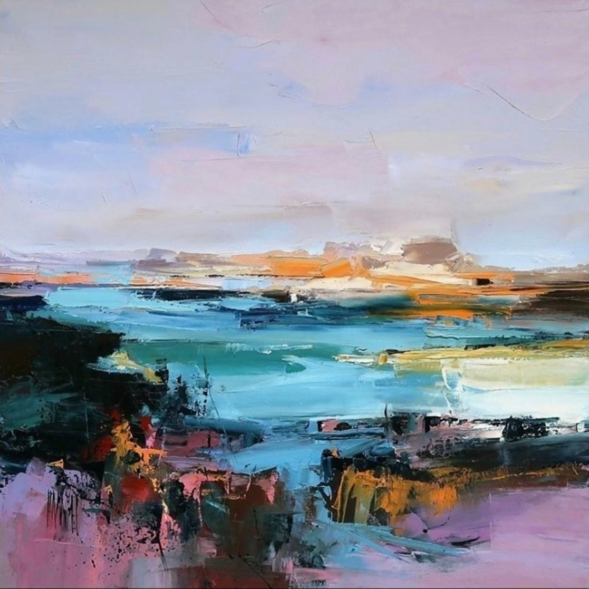 Abstract landscape painting with colorful brush strokes
