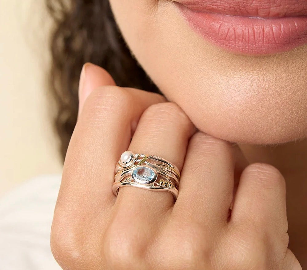 Blue Topaz & Freshwater Pearl Silver Ring