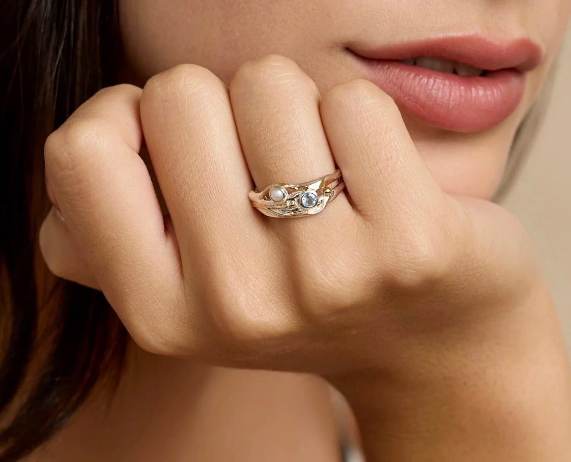 Blue Topaz & Freshwater Pearl Ring