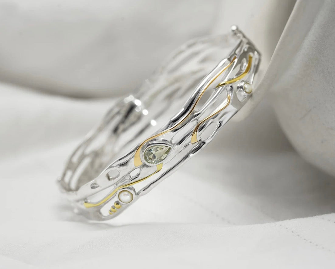 Green Amethyst & Freshwater Pearl Sterling Silver Hinged Bangle