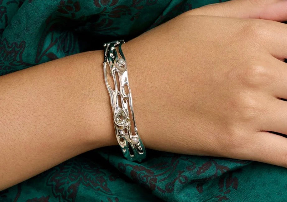 Green Amethyst & Freshwater Pearl Sterling Silver Hinged Bangle