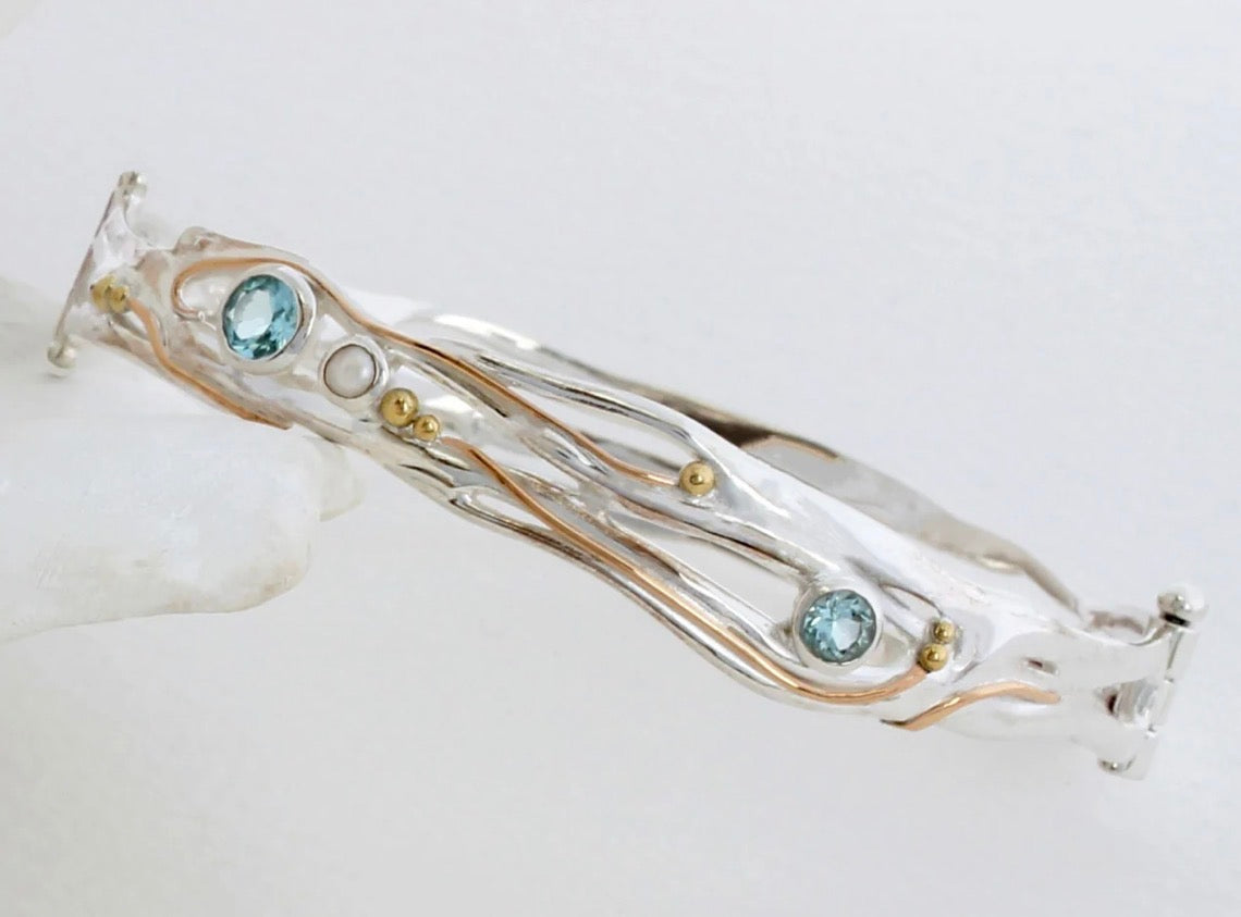 Blue Topaz, Pearl & Gold Detail Sterling Silver Hinged Bangle