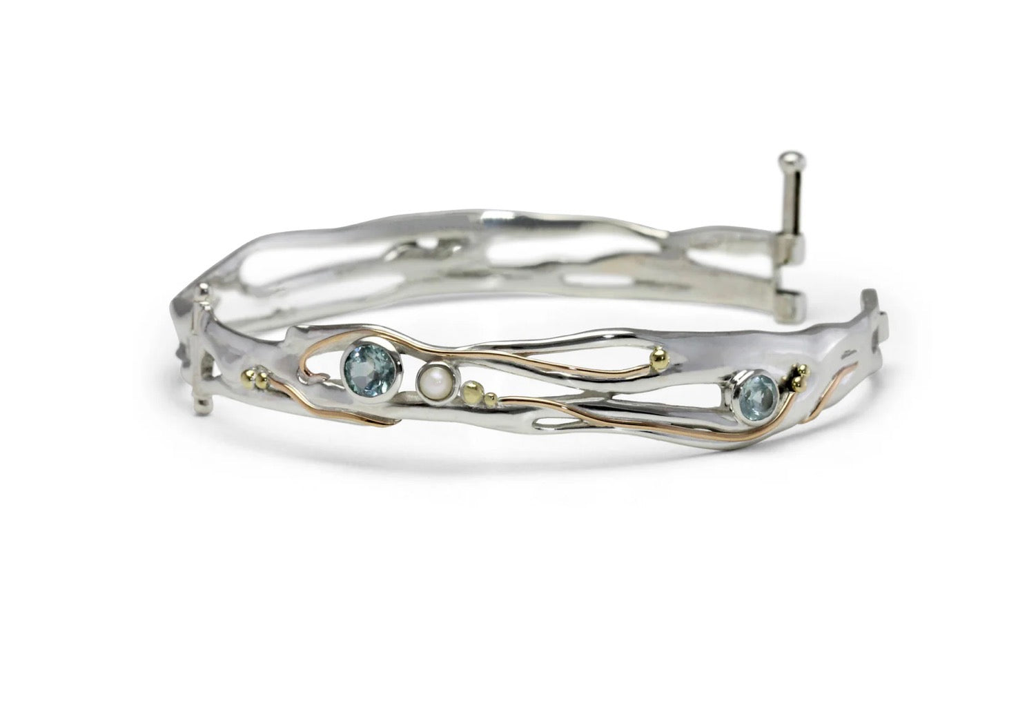 Blue Topaz, Pearl & Gold Detail Sterling Silver Hinged Bangle