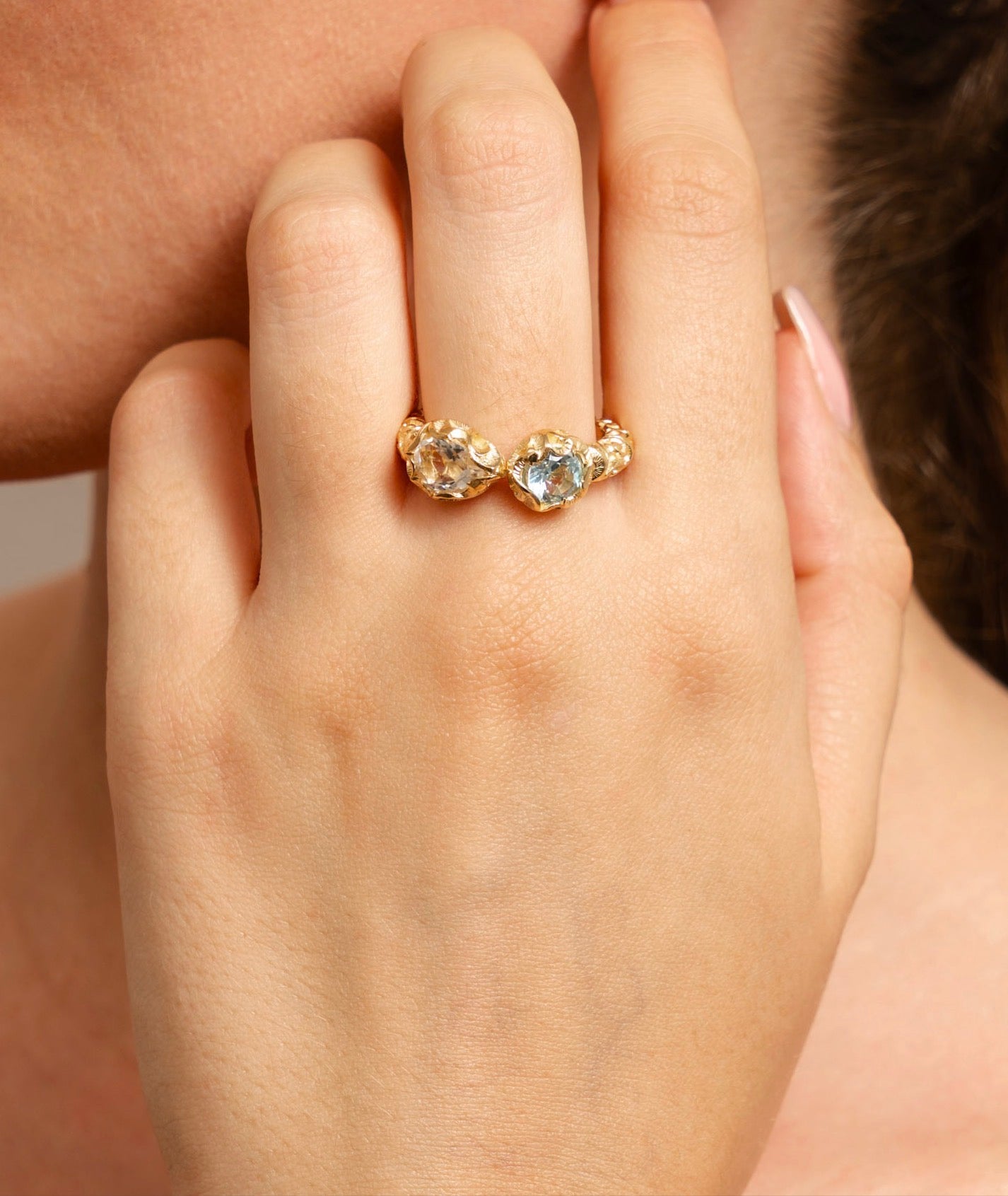 Shri Gold Ring with Sky Topaz & Rock Crystal