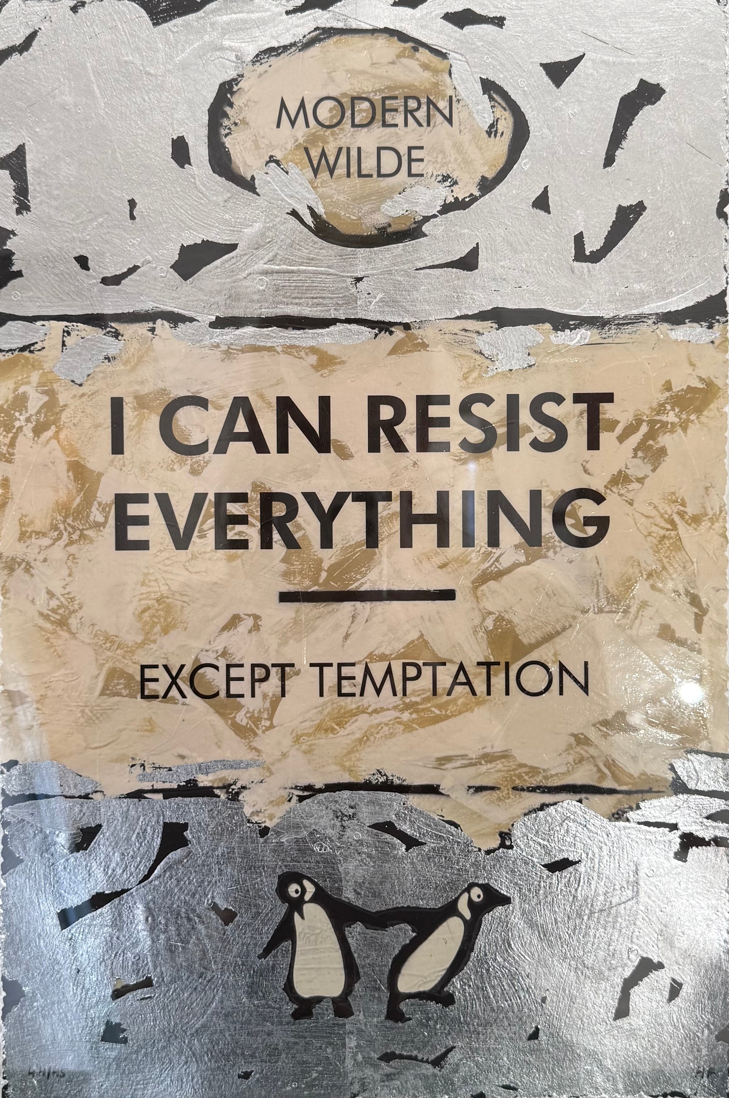 Book cover with penguins and text 'I can resist everything except temptation' by Modern Wilde.