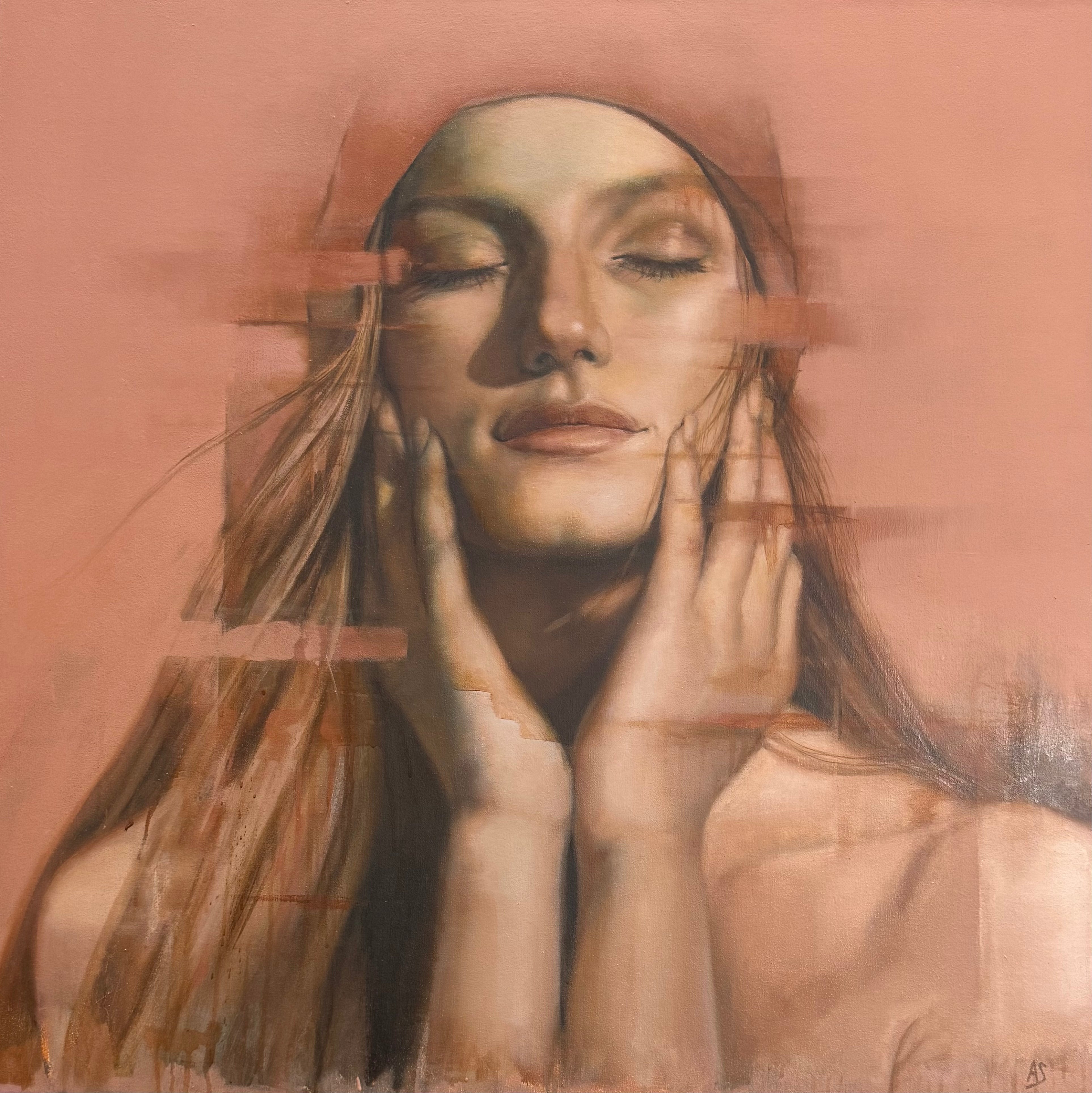 Artistic depiction of a woman with abstract elements on a pink background