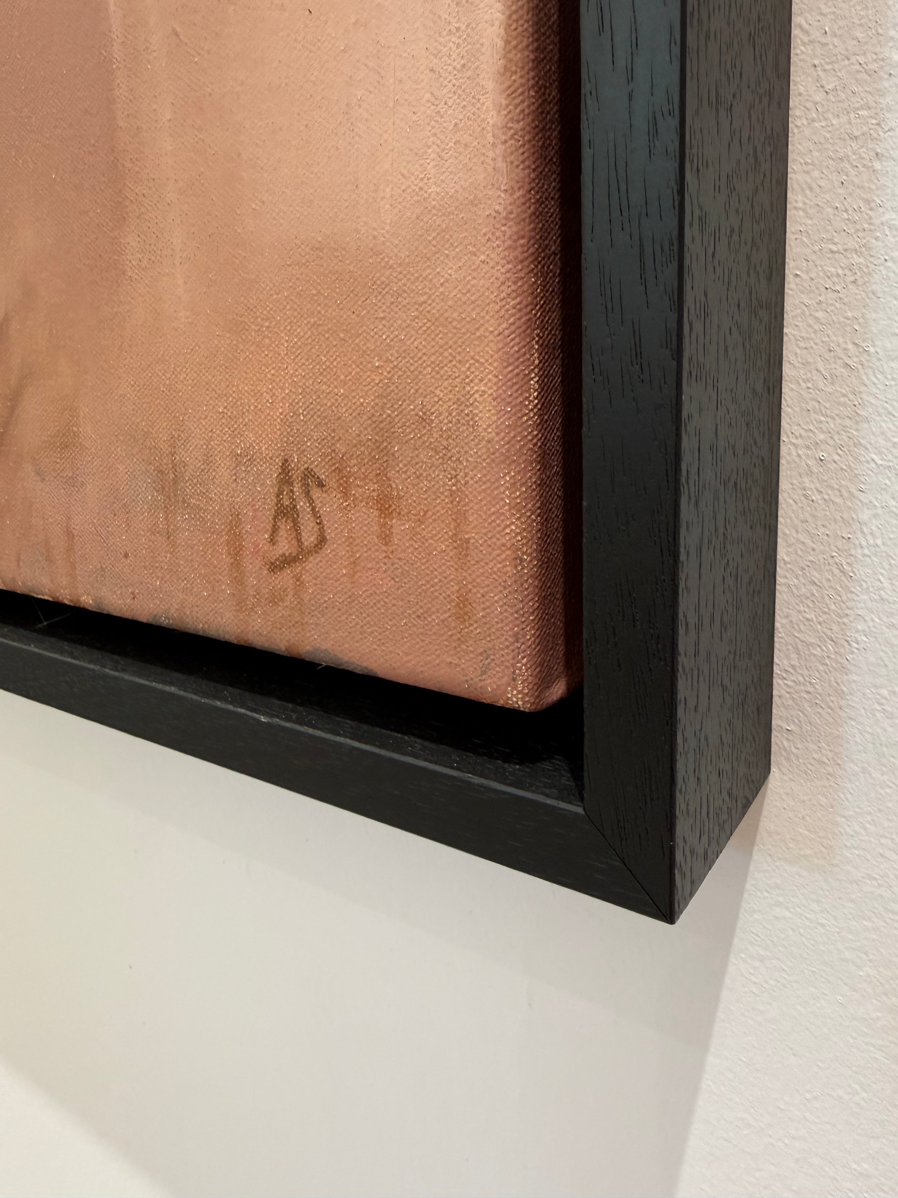 In the Moment by Al Saralis close up of the slim black frame and artists signature showing pink and peach background oil colour