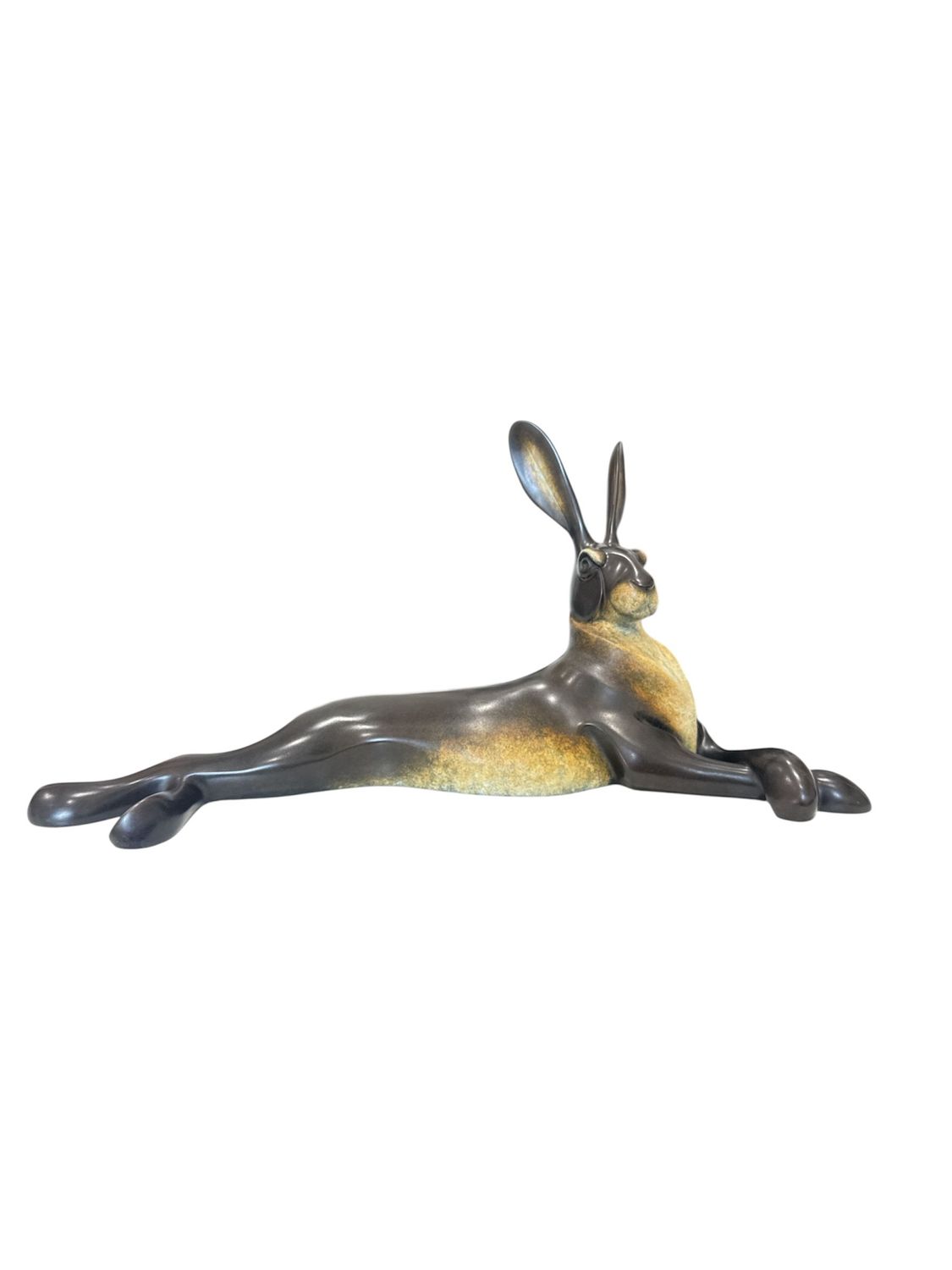 Bronze sculpture of a hare on a white background