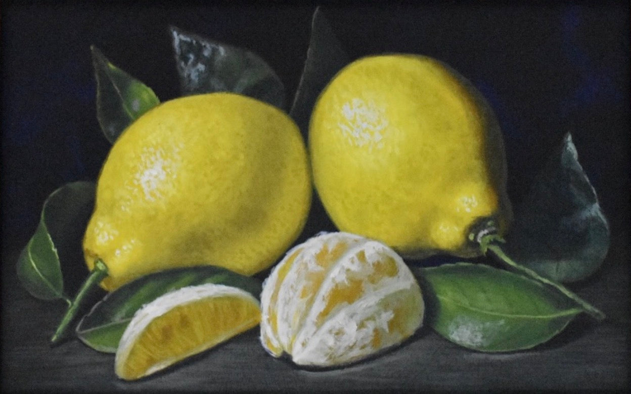 Still life painting of lemons with leaves on a dark background
