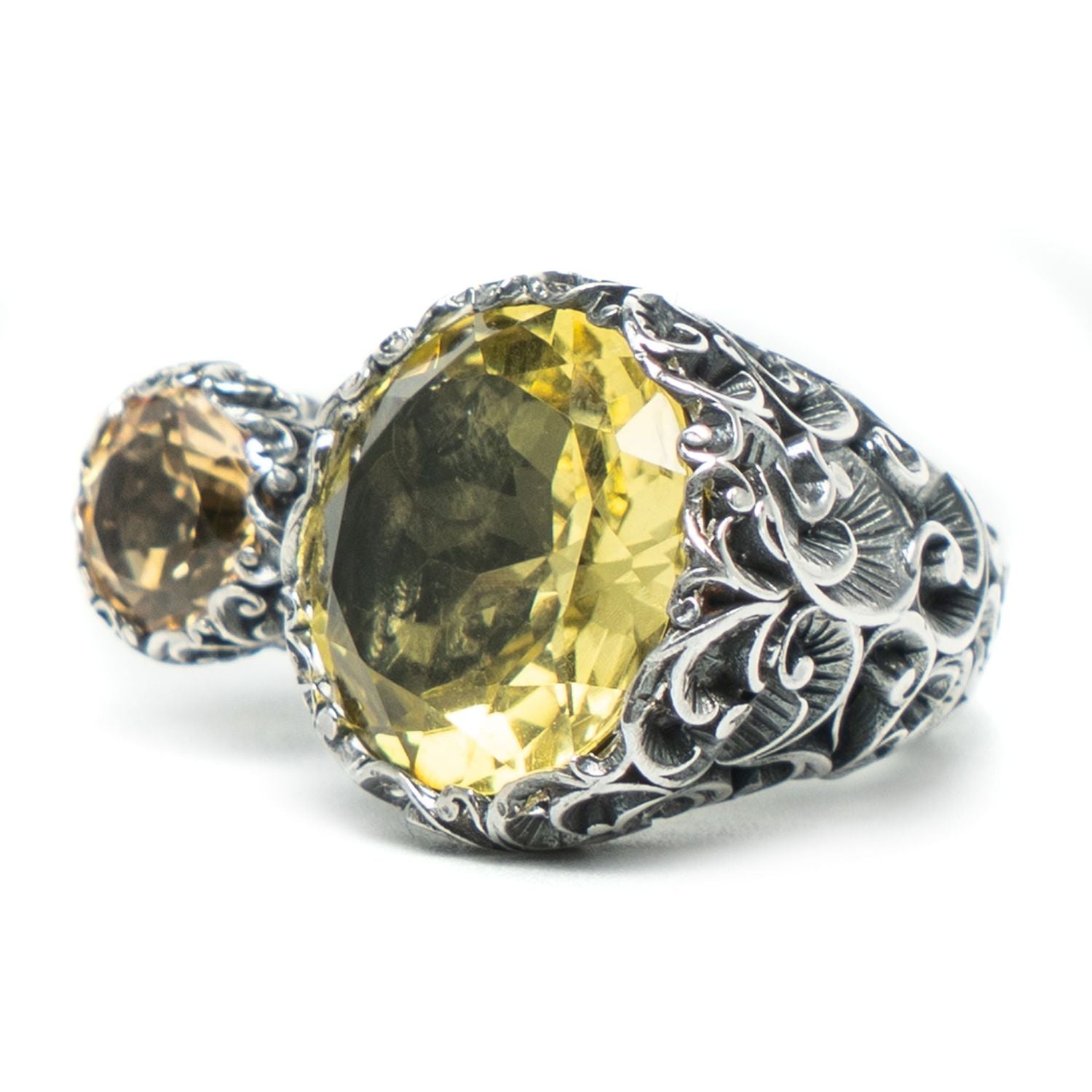Maria e Luisa Lemon Stone & Citrine Statement Ring in Hand Engraved Sterling Silver