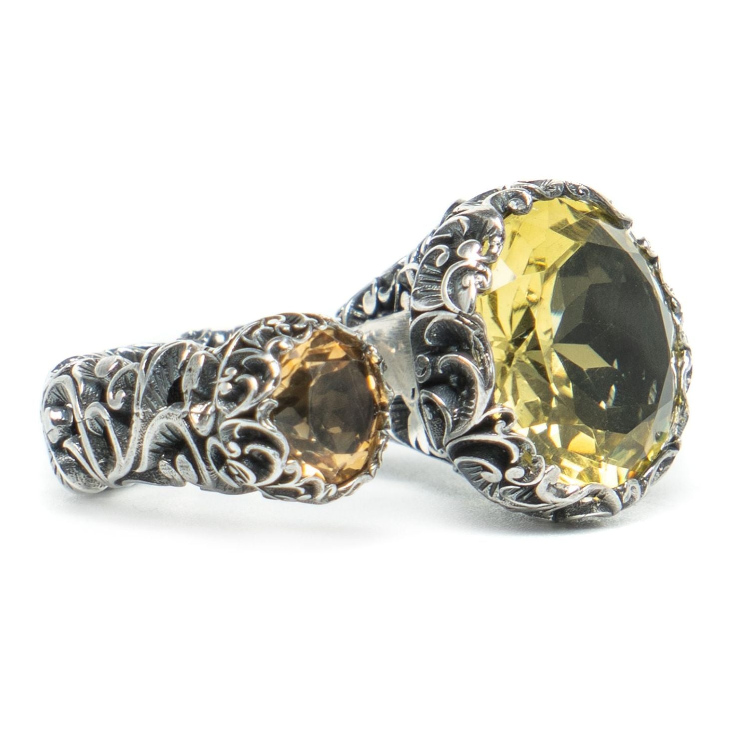 Maria e Luisa Lemon Stone & Citrine Statement Ring in Hand Engraved Sterling Silver