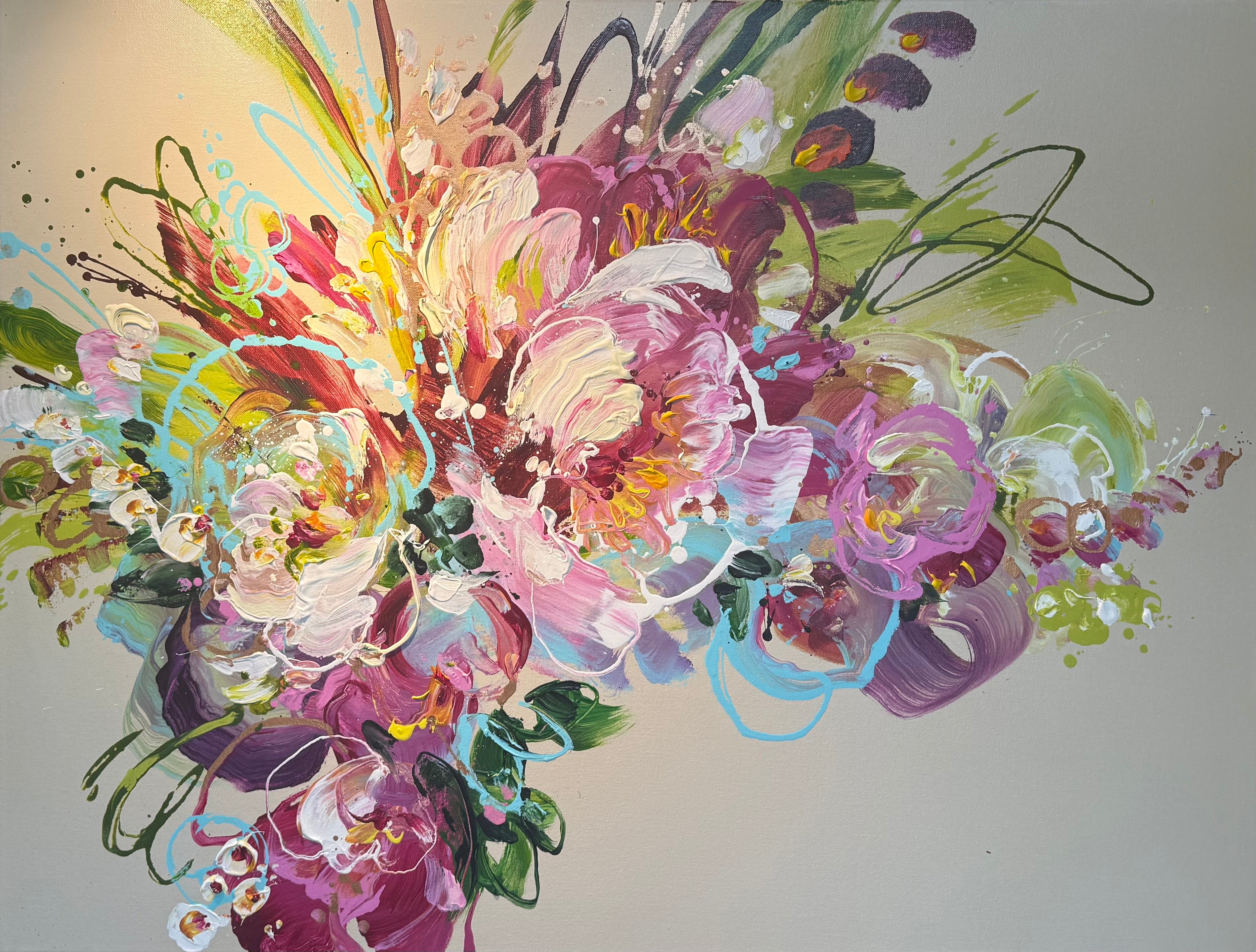Contemporary painting of a floral arrangement with pinks, white and greens
