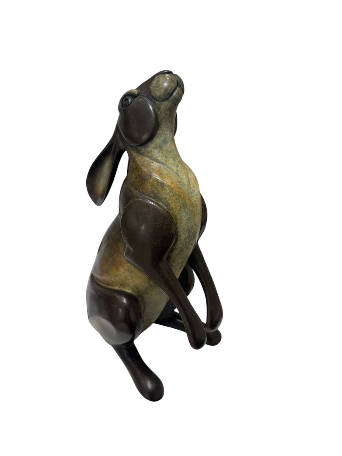 Bronze sculpture of a hare on a white background