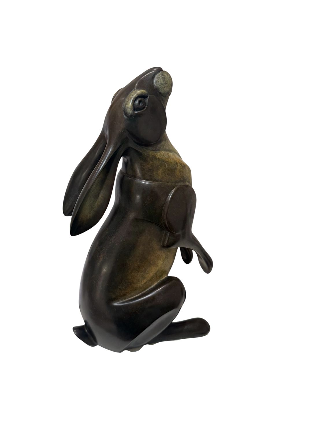 Bronze sculpture of a rabbit on a white background