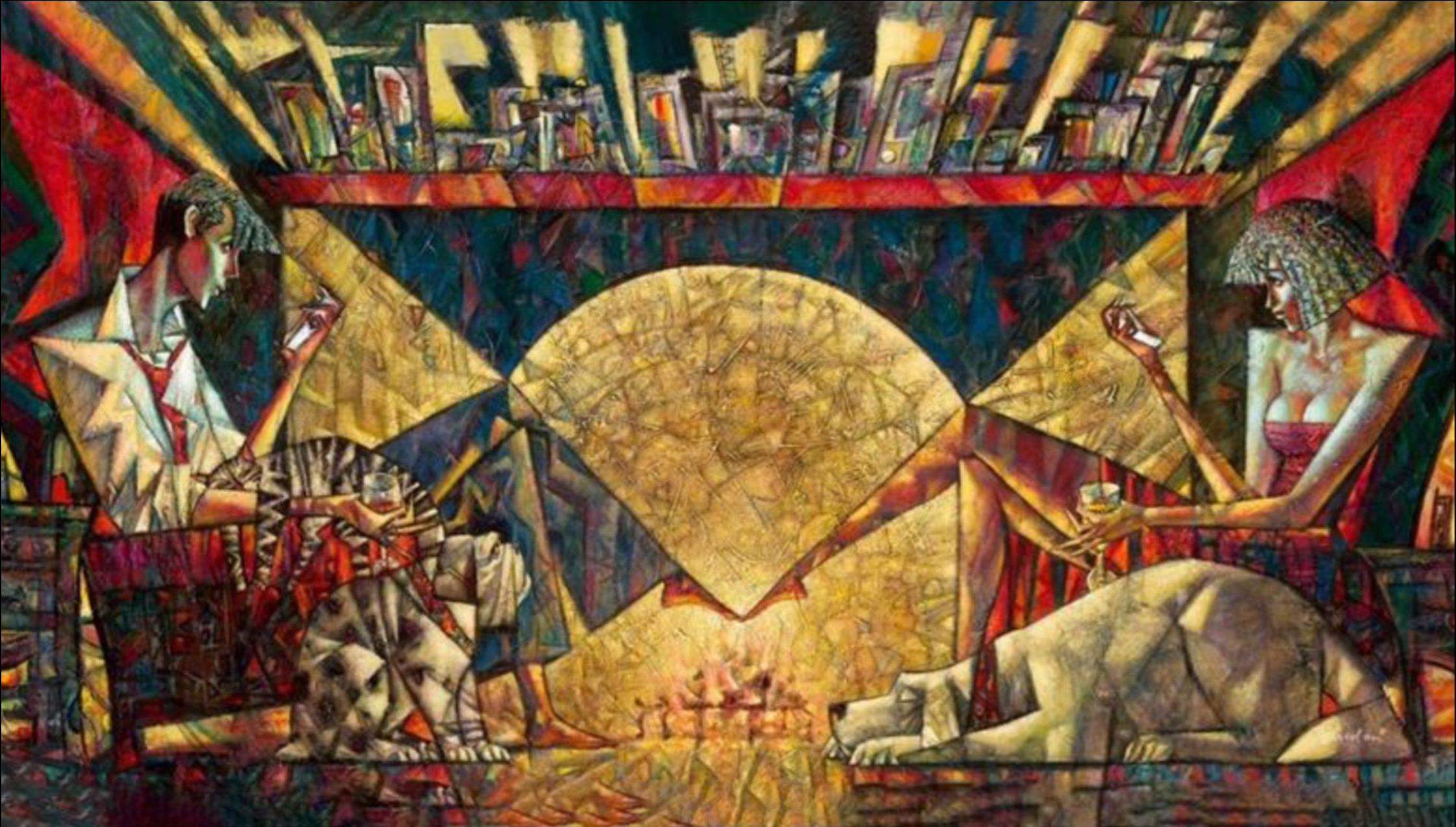 Abstract artwork with geometric shapes and figures in a stylized room.