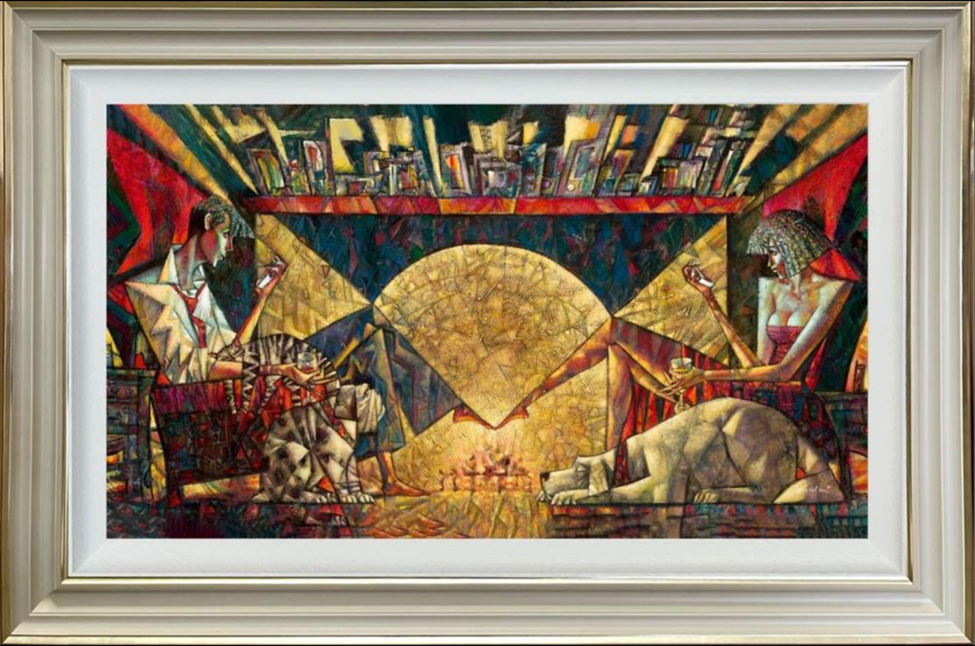 Framed Andrei Protsouk abstract artwork with geometric shapes and figures.