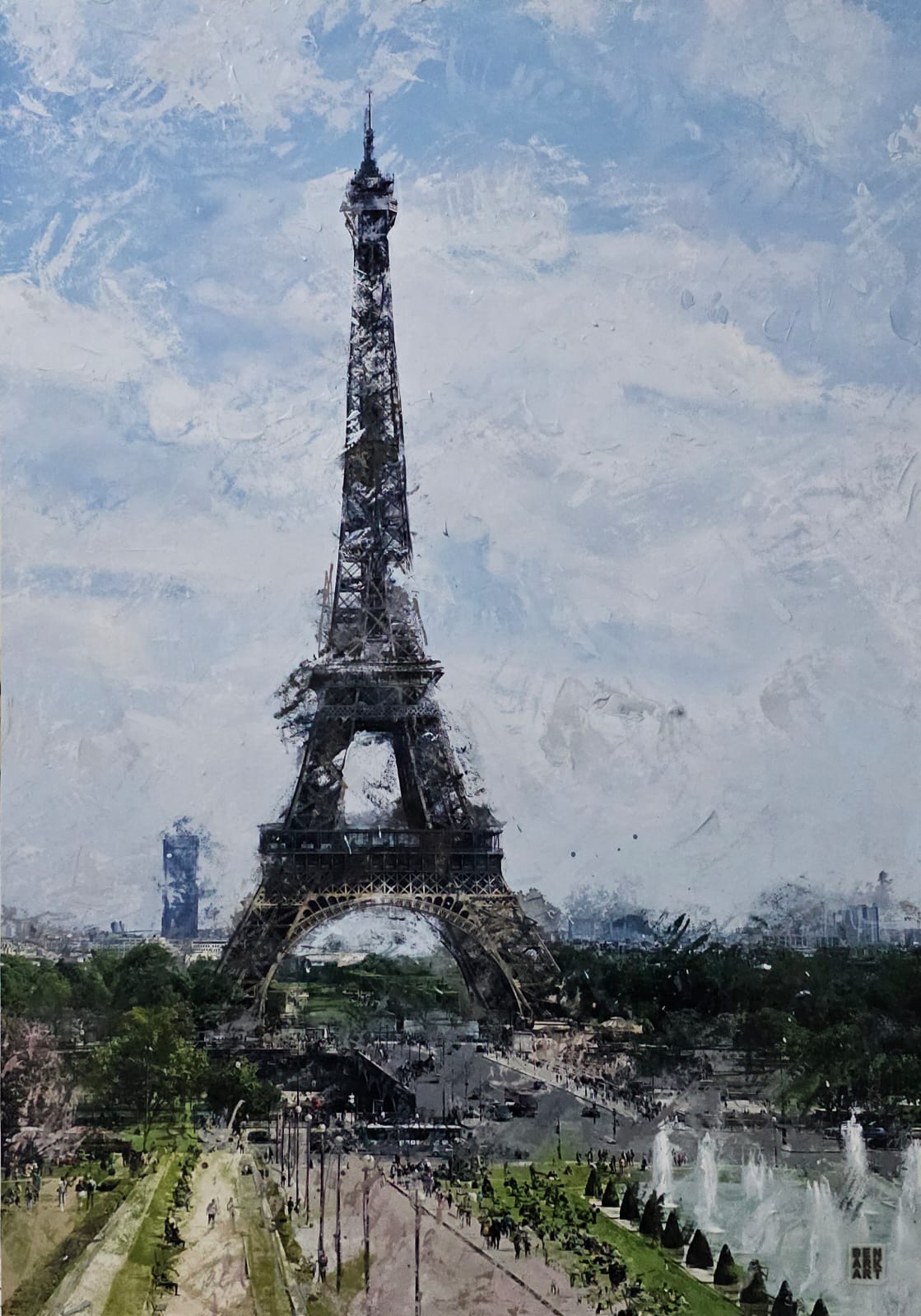 Painting of the Eiffel Tower with a blue sky background