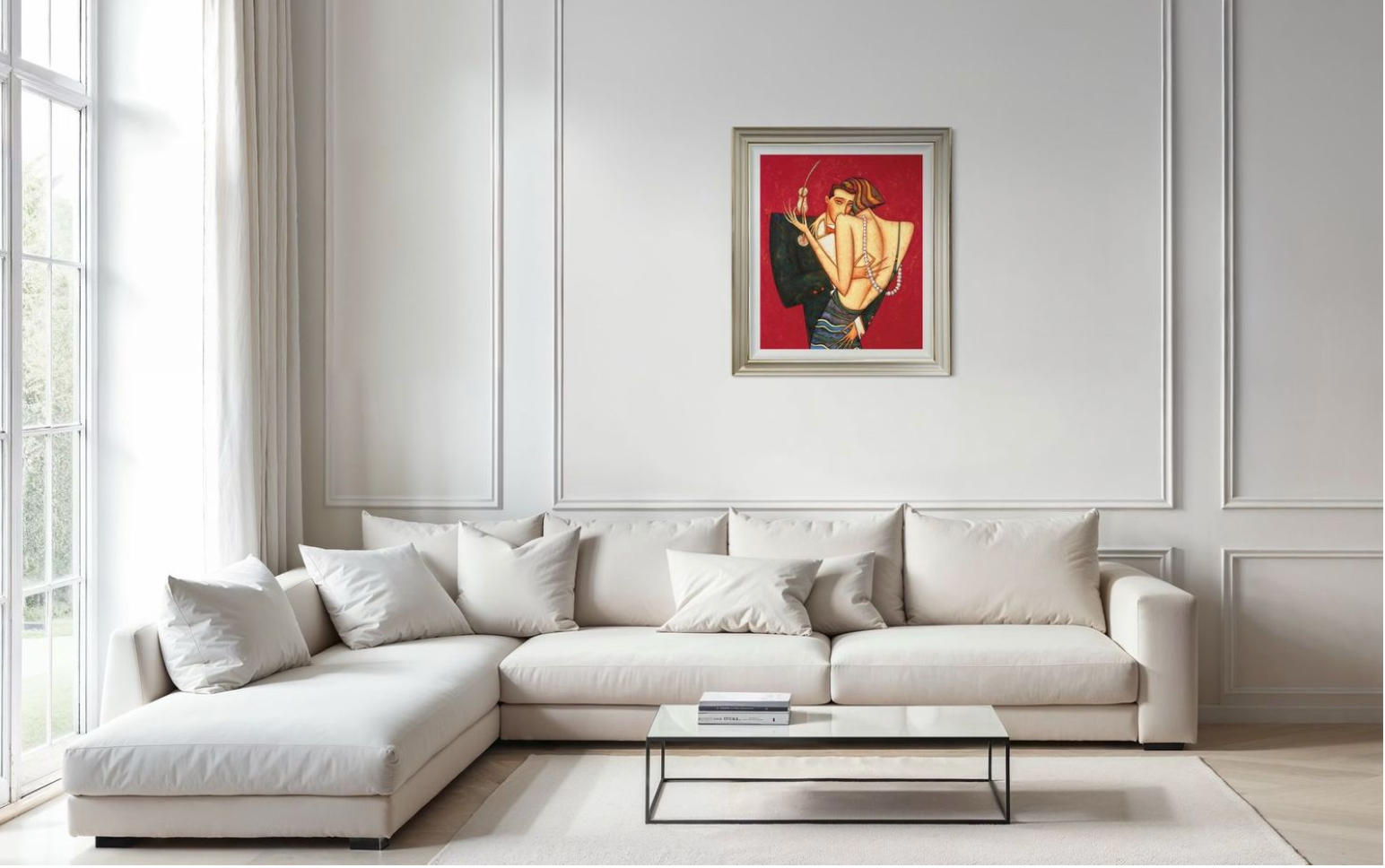 White sectional sofa in a room with a framed Andrei Protsouk Printon the wall.