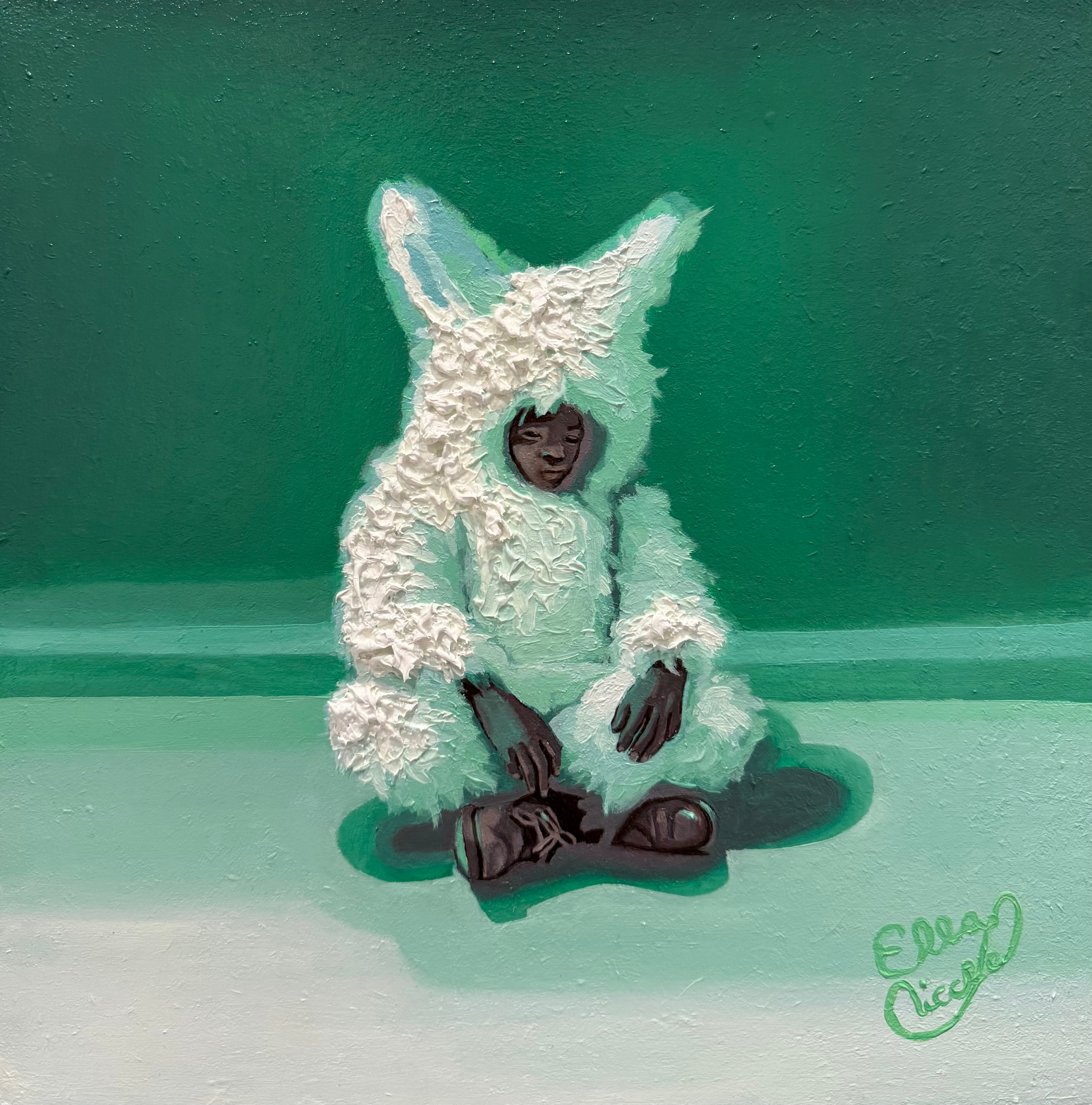 Artistic depiction of a person wearing a textured white garment against a green background