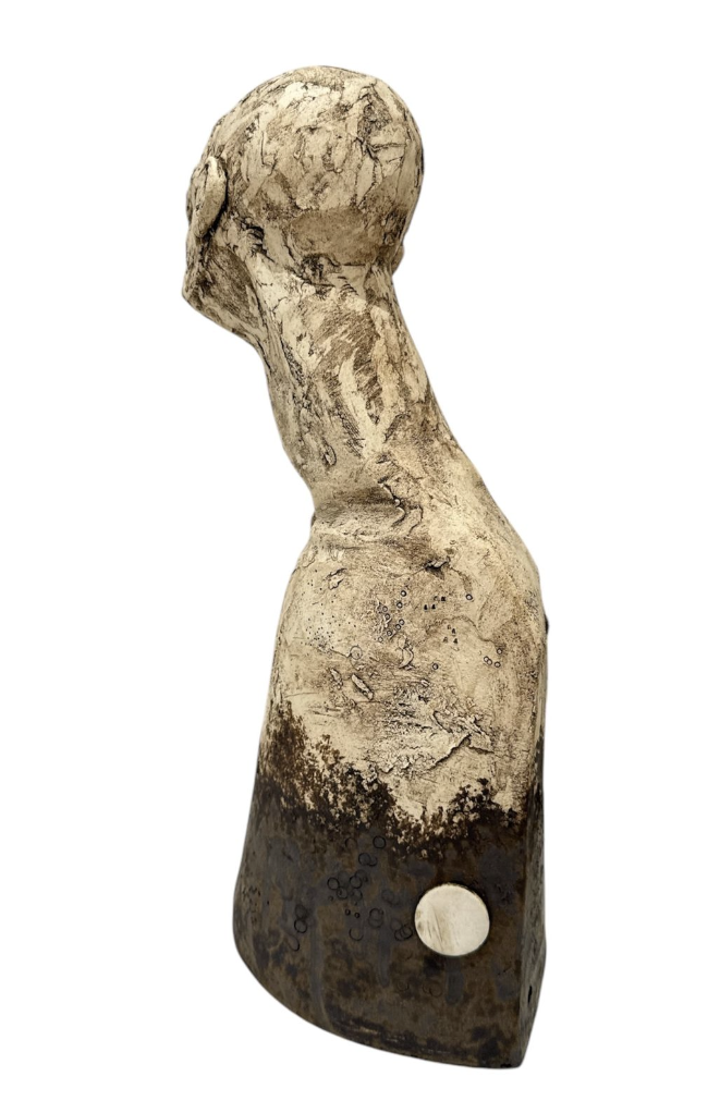 Abstract sculpture of a human figure on a white background