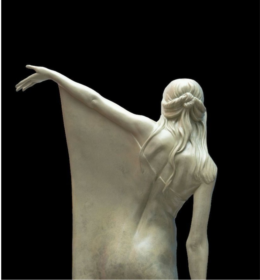 Statue of a woman with outstretched arms on a black background