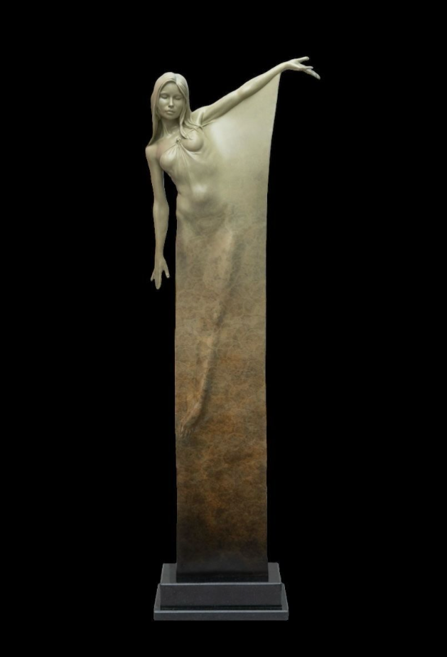 Statue of a nude figure with outstretched arms on a black background
