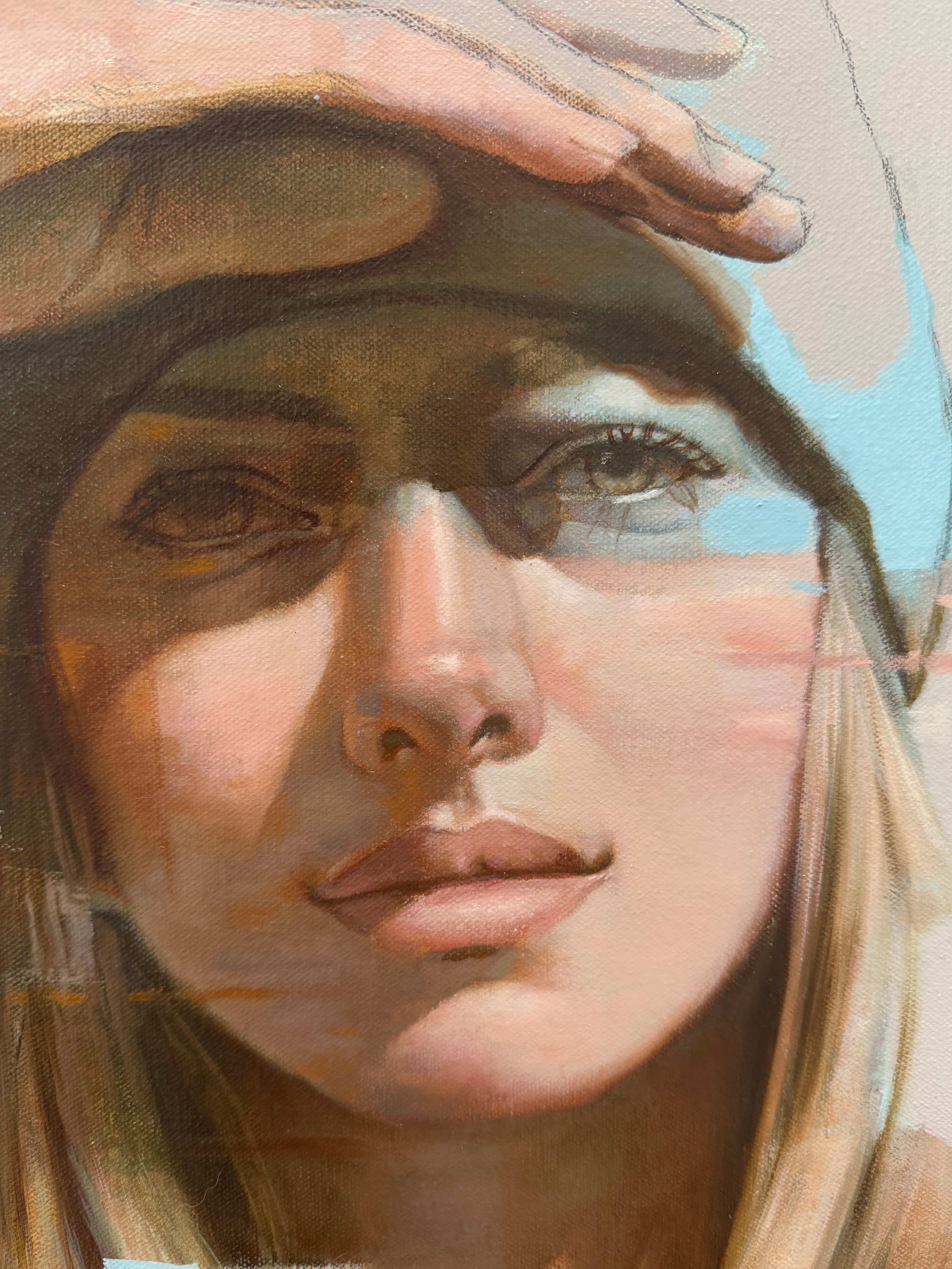Close-up of a person's face with a keyhole over their eye, artistic style