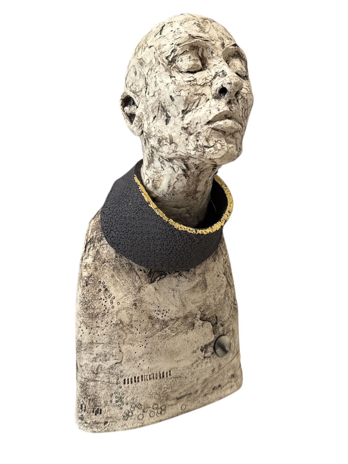 Bust wearing a textured black collar on a white background