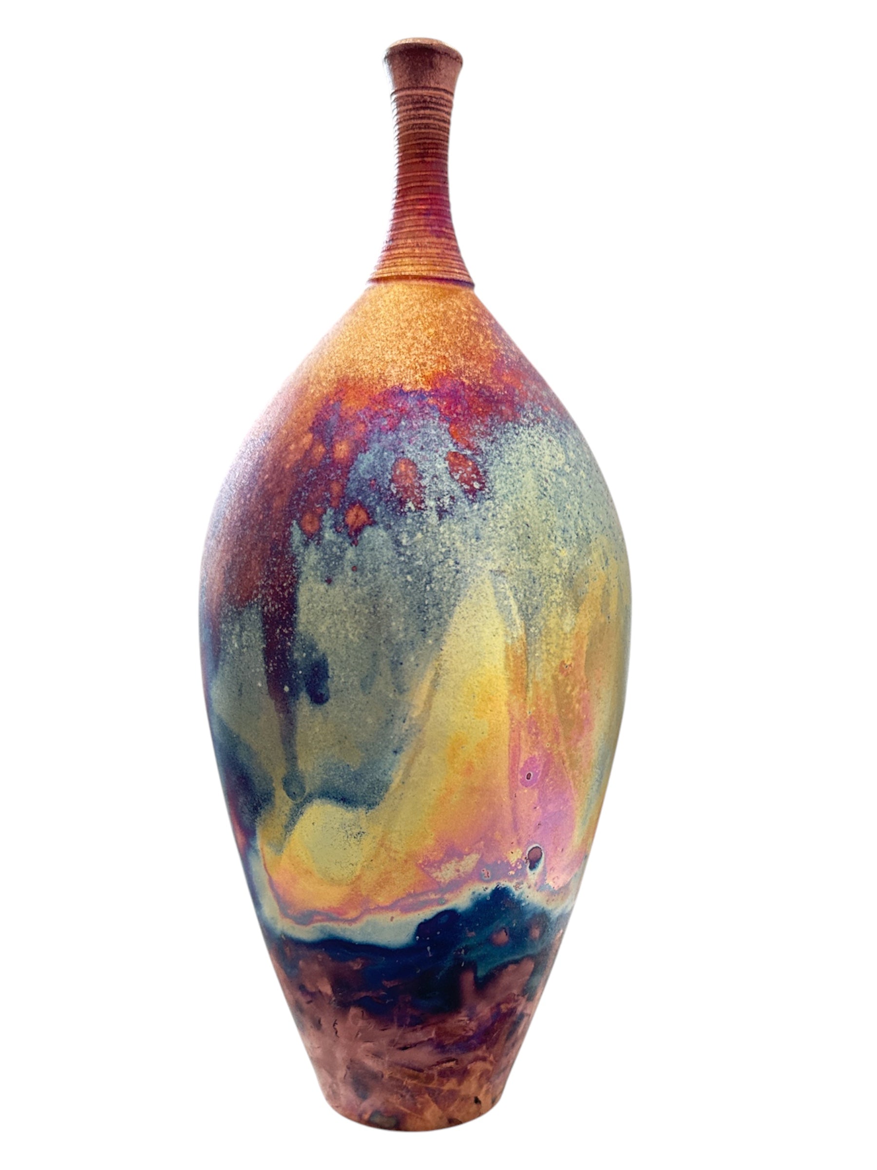 Tall Raku Ceramic Vessel with Decorative Neck